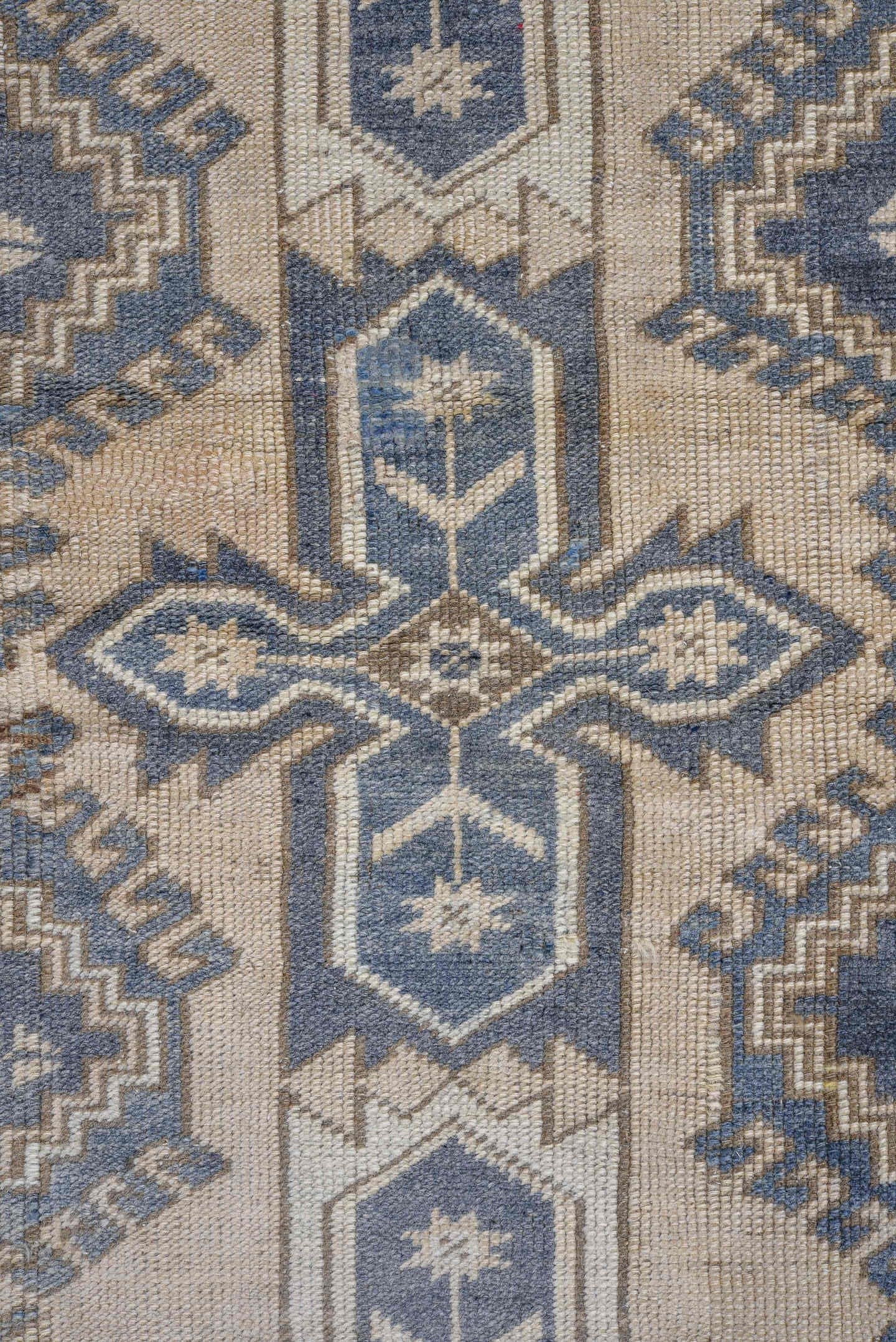2' x 11' one-of-a-kind handmade antique Oushak runner rug. Color palette: ivory, slate, blue, taupe, charcoal, gray, beige