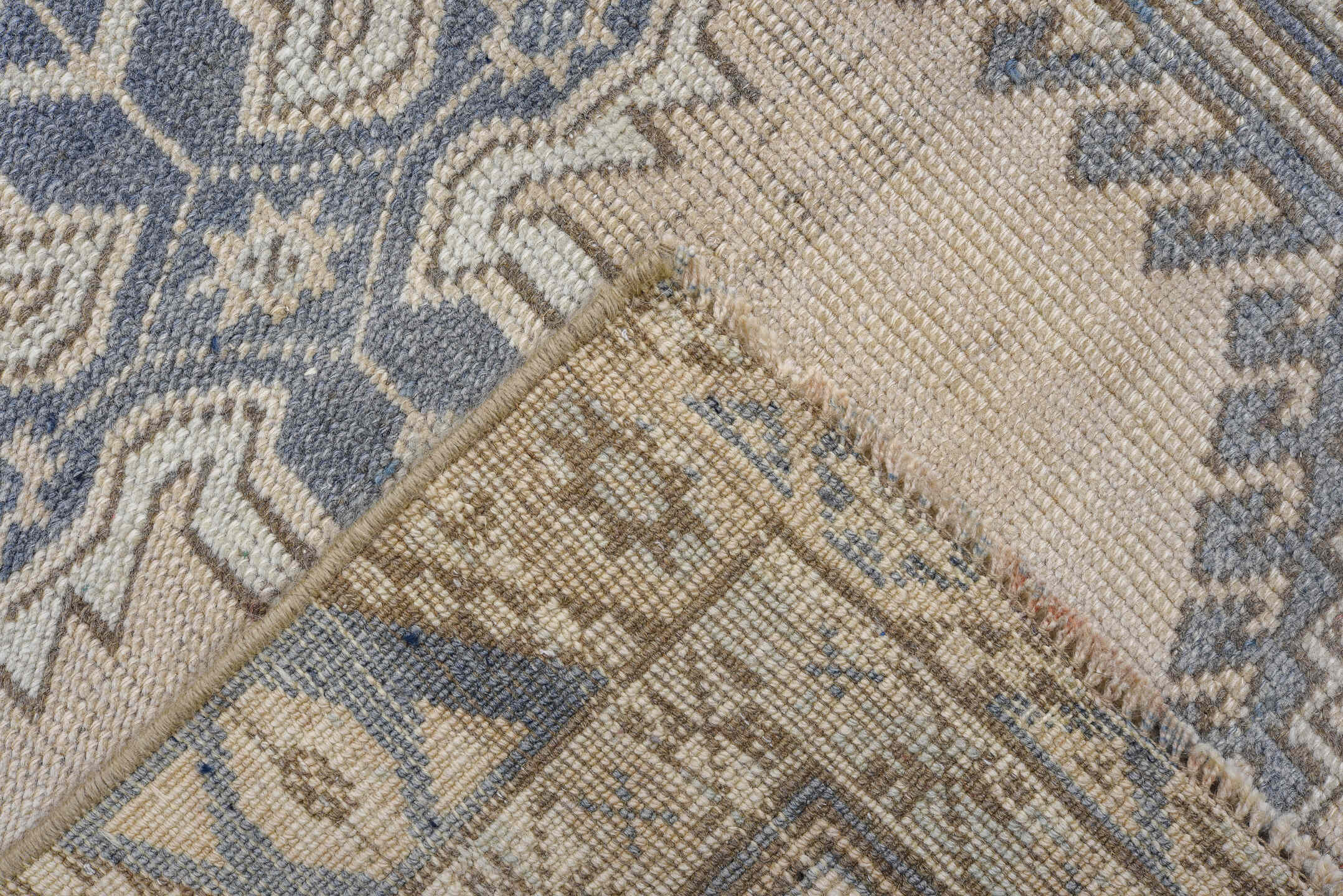 2' x 11' one-of-a-kind handmade antique Oushak runner rug. Color palette: ivory, slate, blue, taupe, charcoal, gray, beige