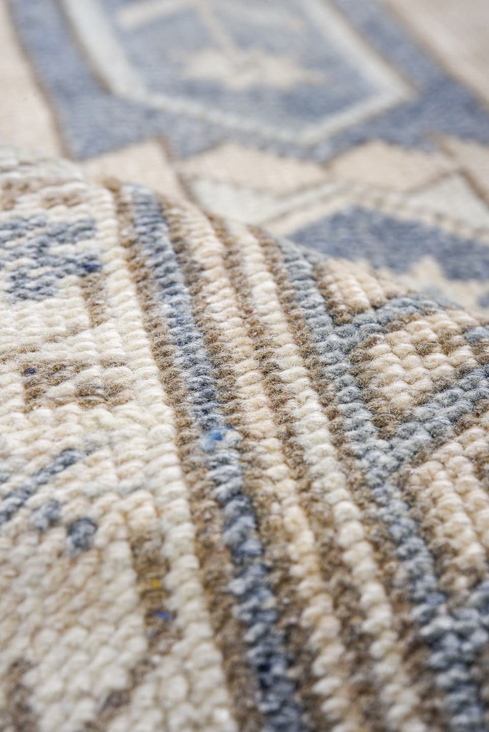 2' x 11' one-of-a-kind handmade antique Oushak runner rug. Color palette: ivory, slate, blue, taupe, charcoal, gray, beige
