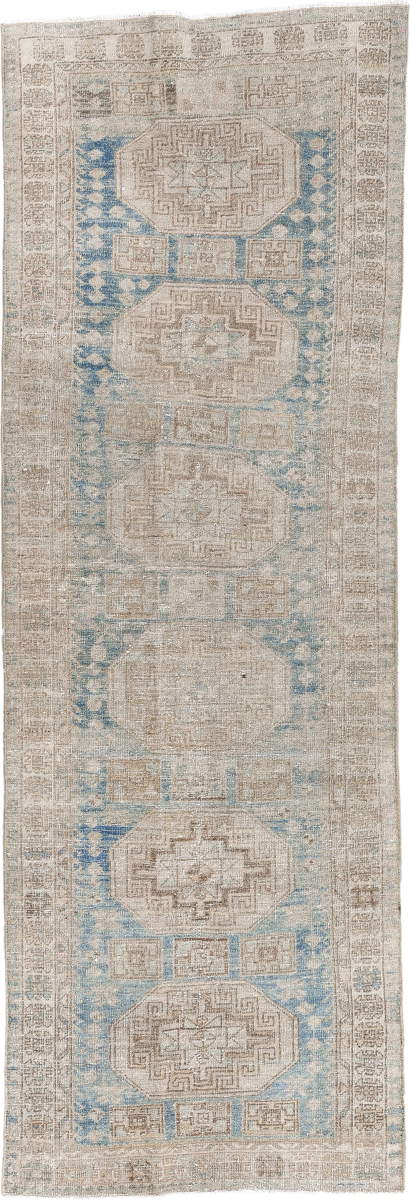 3' x 9' one-of-a-kind handmade antique Oushak runner rug. Color palette: ivory, sky blue, beige, taupe, sand, light blue