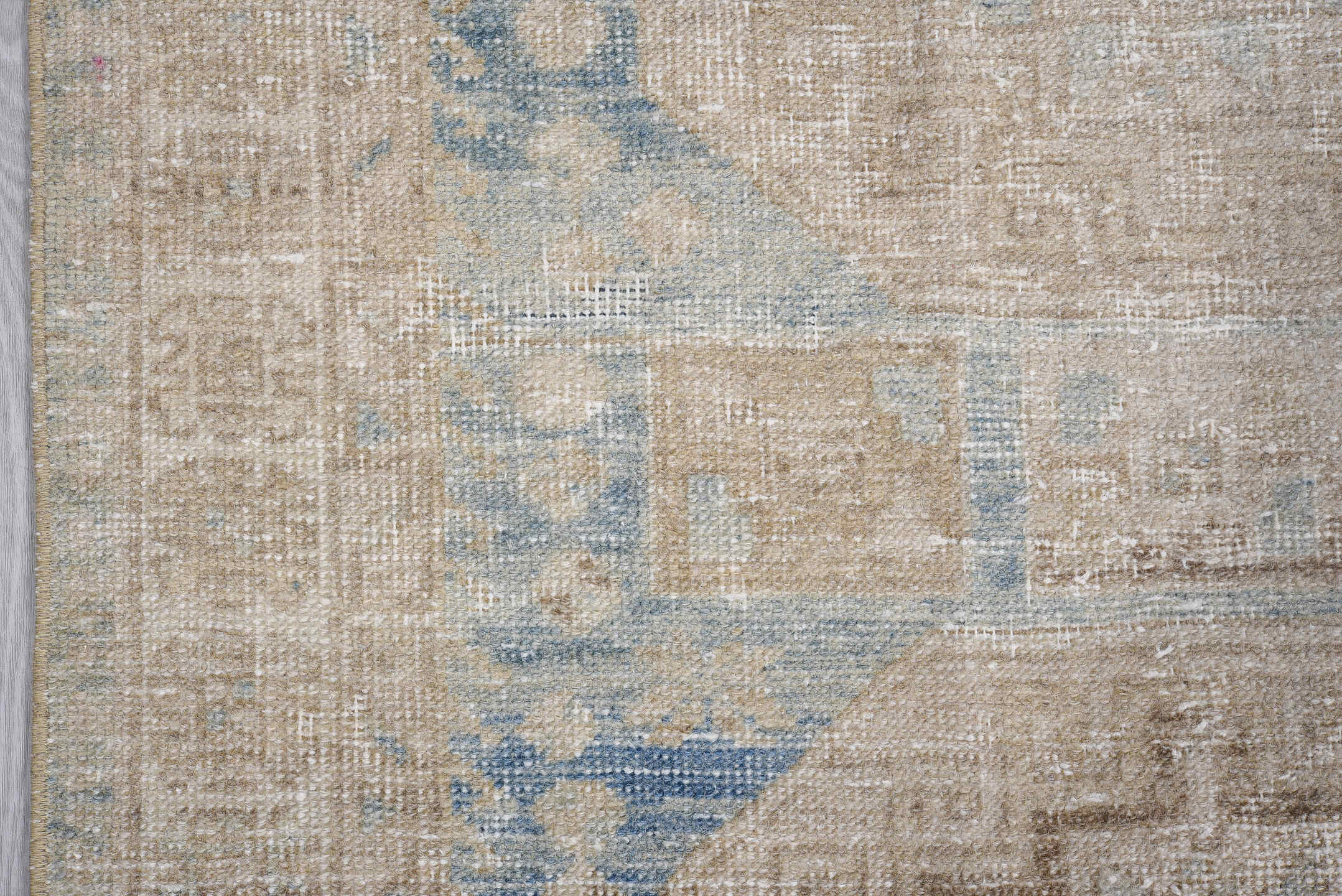 3' x 9' one-of-a-kind handmade antique Oushak runner rug. Color palette: ivory, sky blue, beige, taupe, sand, light blue