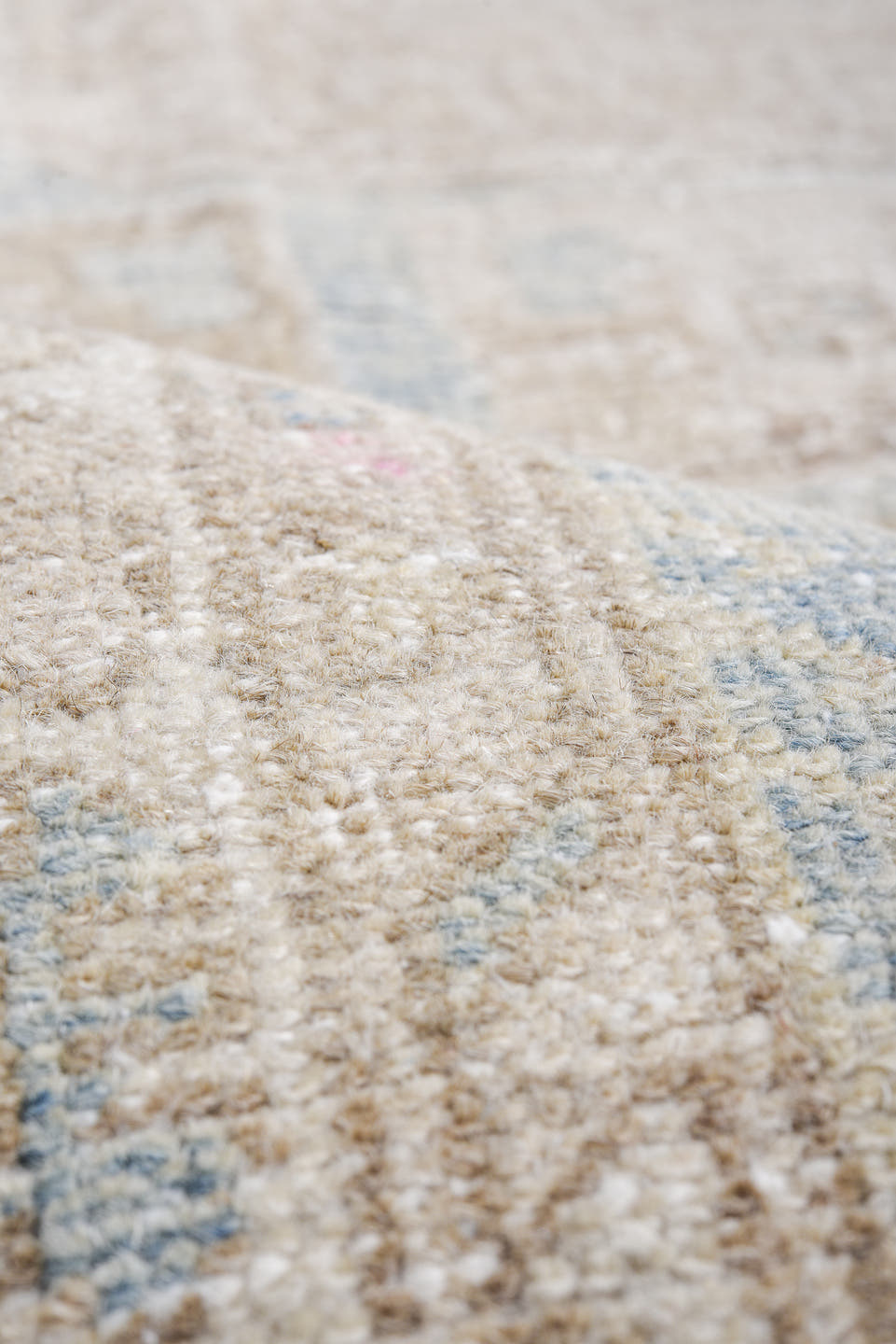 3' x 9' one-of-a-kind handmade antique Oushak runner rug. Color palette: ivory, sky blue, beige, taupe, sand, light blue