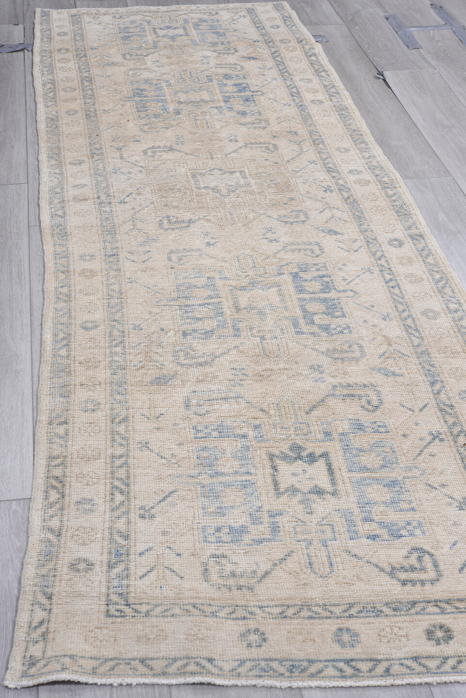 3' x 10' one-of-a-kind handmade vintage Heriz runner rug. Color palette: black, blue, charcoal, dark gray, dim gray