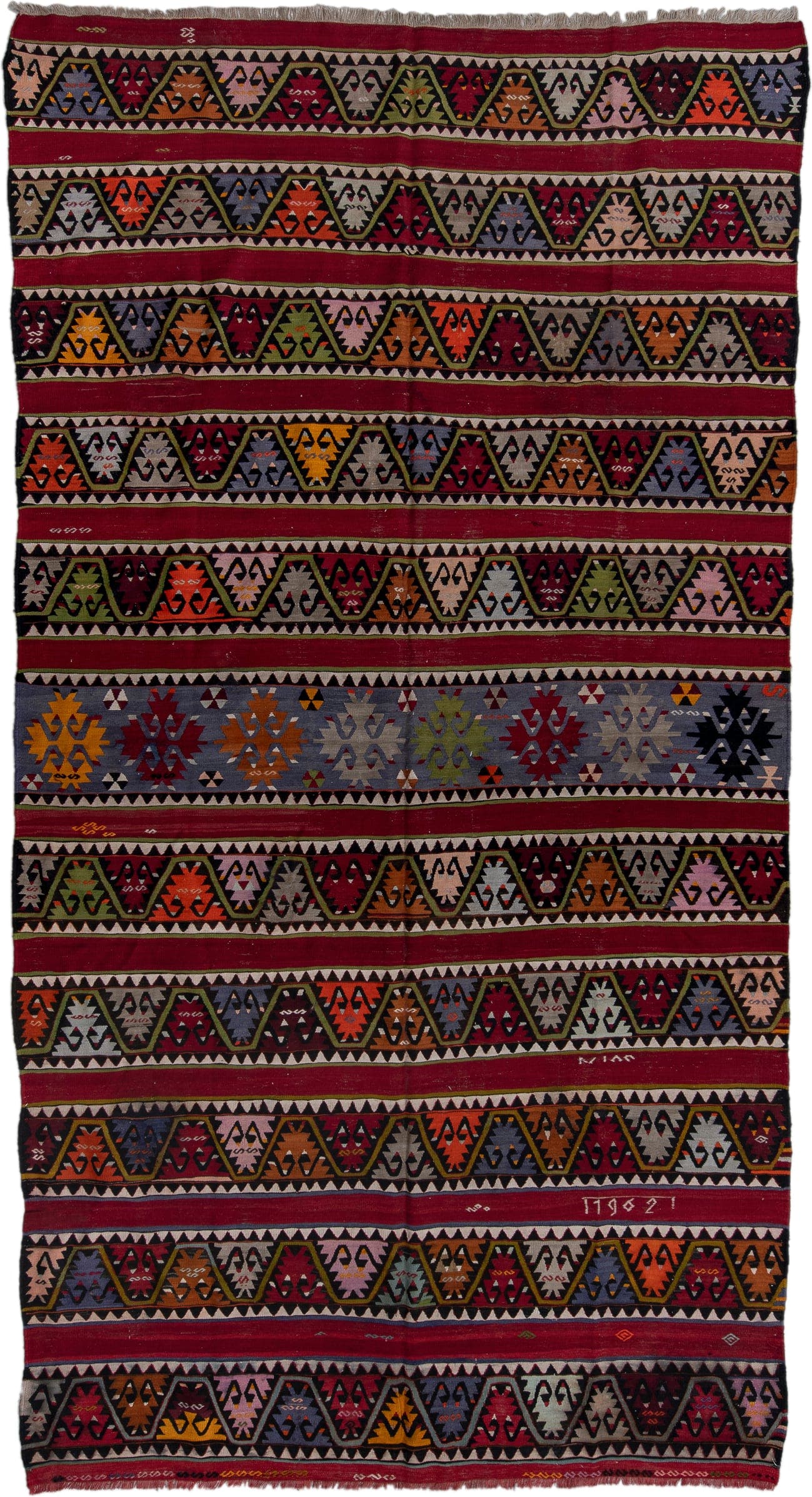 6' x 12' one-of-a-kind handmade antique Kilim large size rug. Color palette: burgundy, ivory, charcoal, slate, rust, olive
