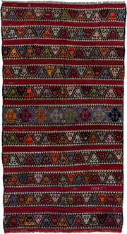 6' x 12' one-of-a-kind handmade antique Kilim large size rug. Color palette: burgundy, ivory, charcoal, slate, rust, olive