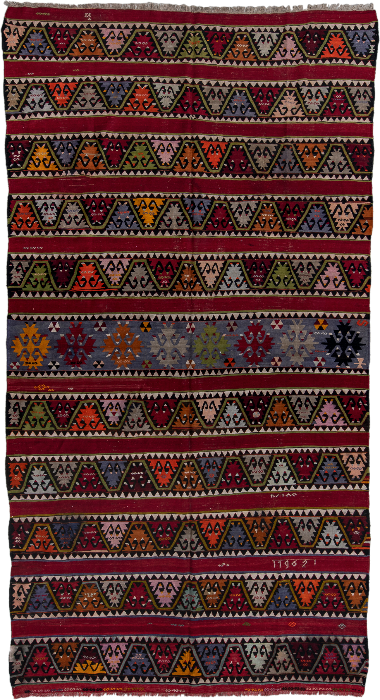 6' x 12' one-of-a-kind handmade antique Kilim large size rug. Color palette: burgundy, ivory, charcoal, slate, rust, olive