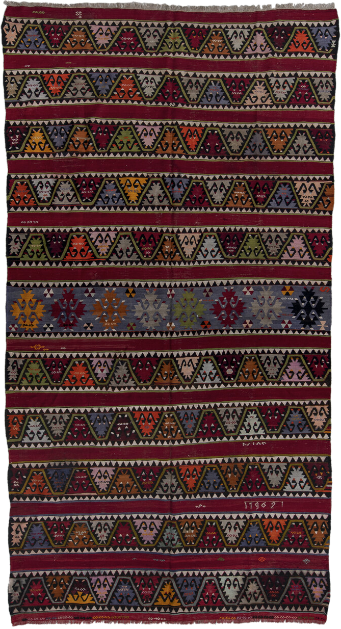 6' x 12' one-of-a-kind handmade antique Kilim large size rug. Color palette: burgundy, ivory, charcoal, slate, rust, olive