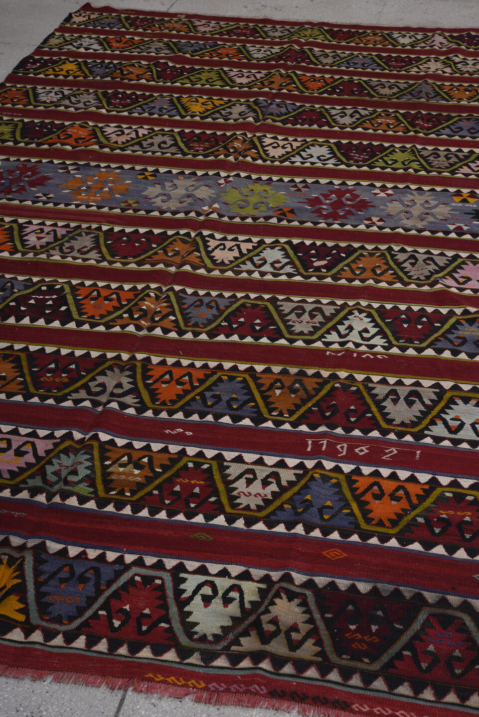 6' x 12' one-of-a-kind handmade antique Kilim large size rug. Color palette: burgundy, ivory, charcoal, slate, rust, olive