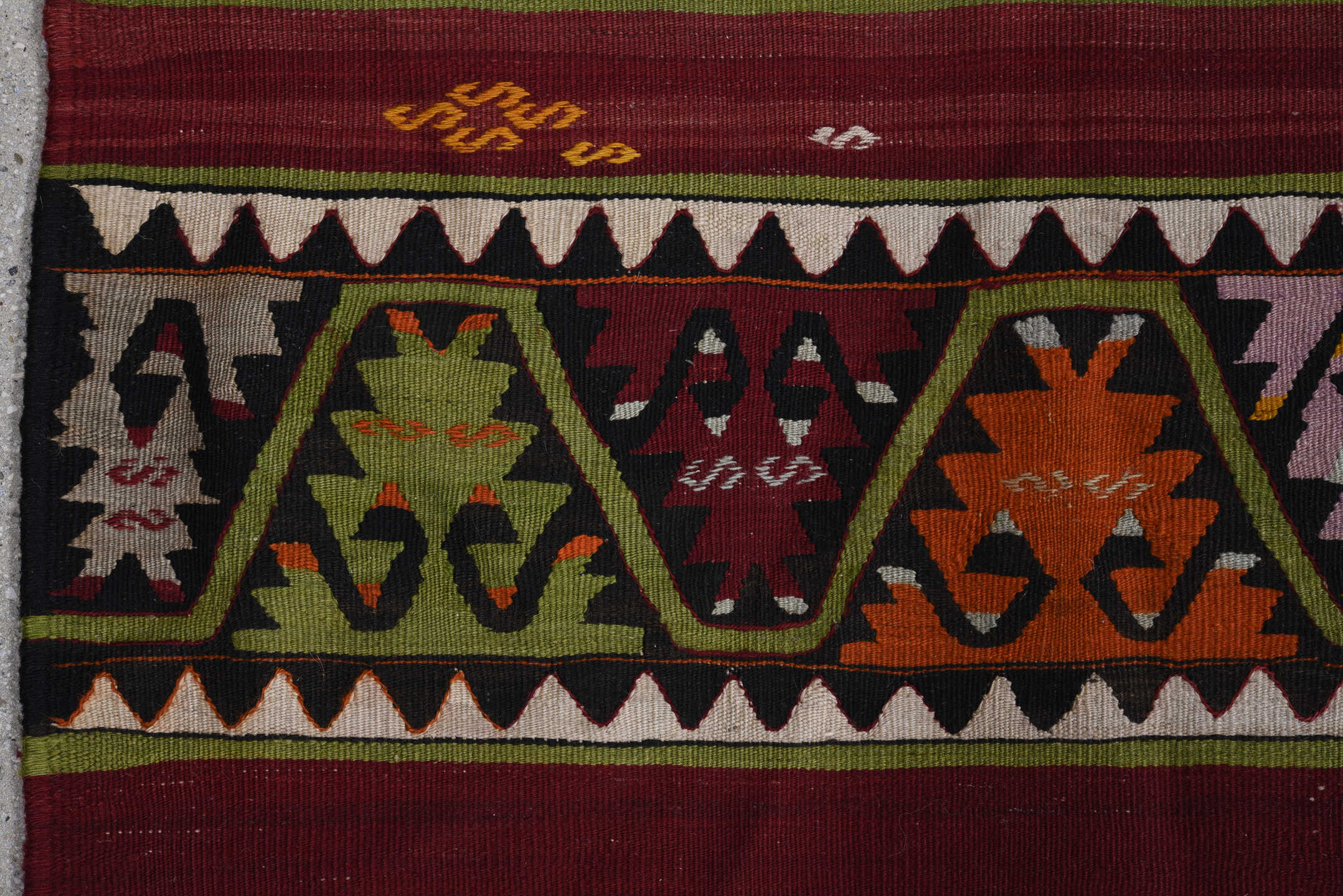 6' x 12' one-of-a-kind handmade antique Kilim large size rug. Color palette: burgundy, ivory, charcoal, slate, rust, olive