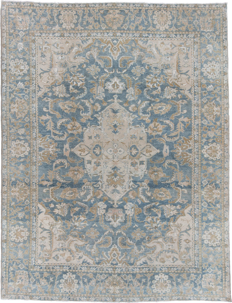 7' x 10' one-of-a-kind handmade antique Heriz large size rug. Color palette: light blue, ivory, beige, taupe, sage, gray
