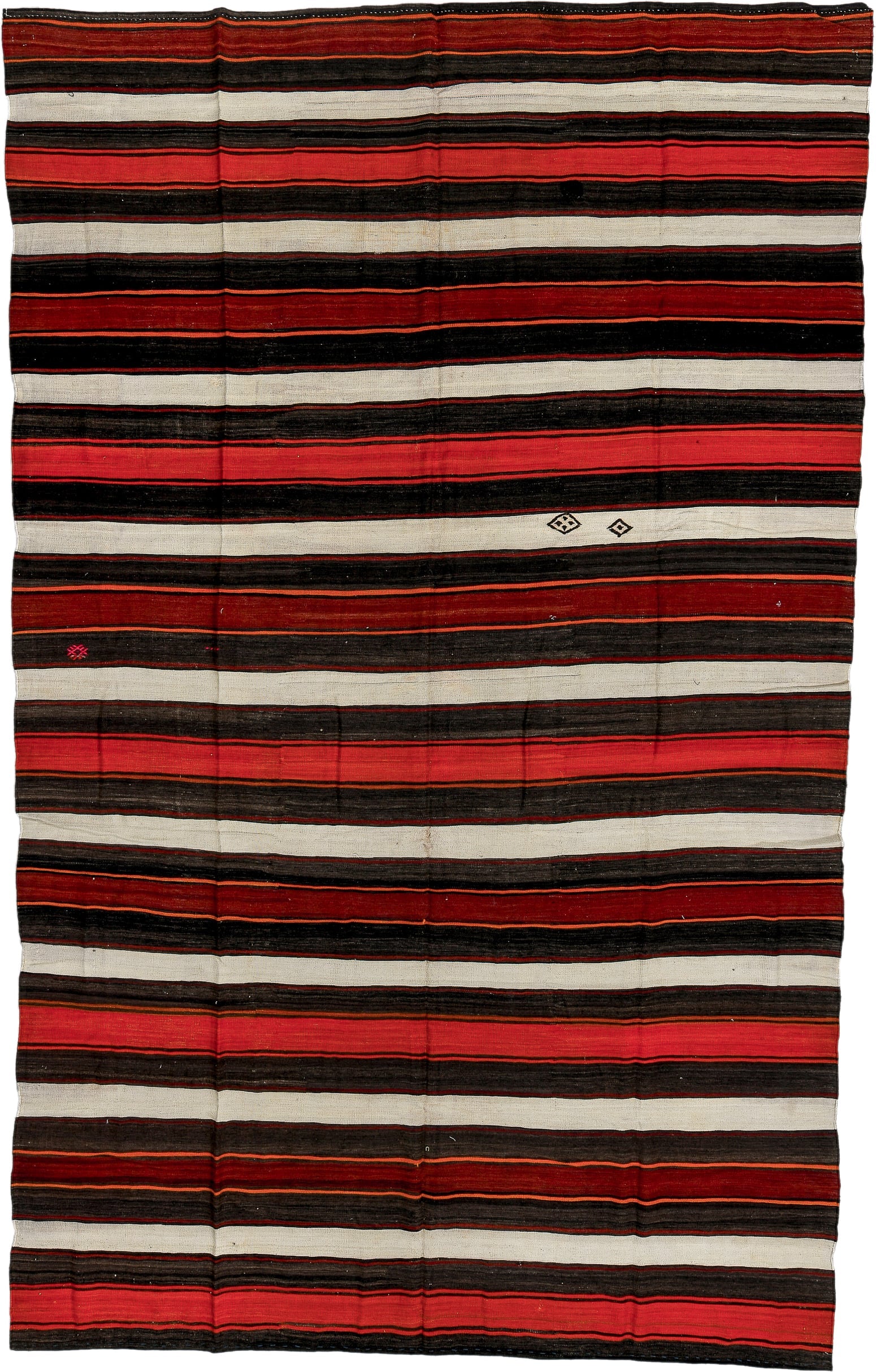 7' x 12' one-of-a-kind handmade vintage Kilim large size rug. Color palette: charcoal, ivory, rust, crimson, mahogany, gray