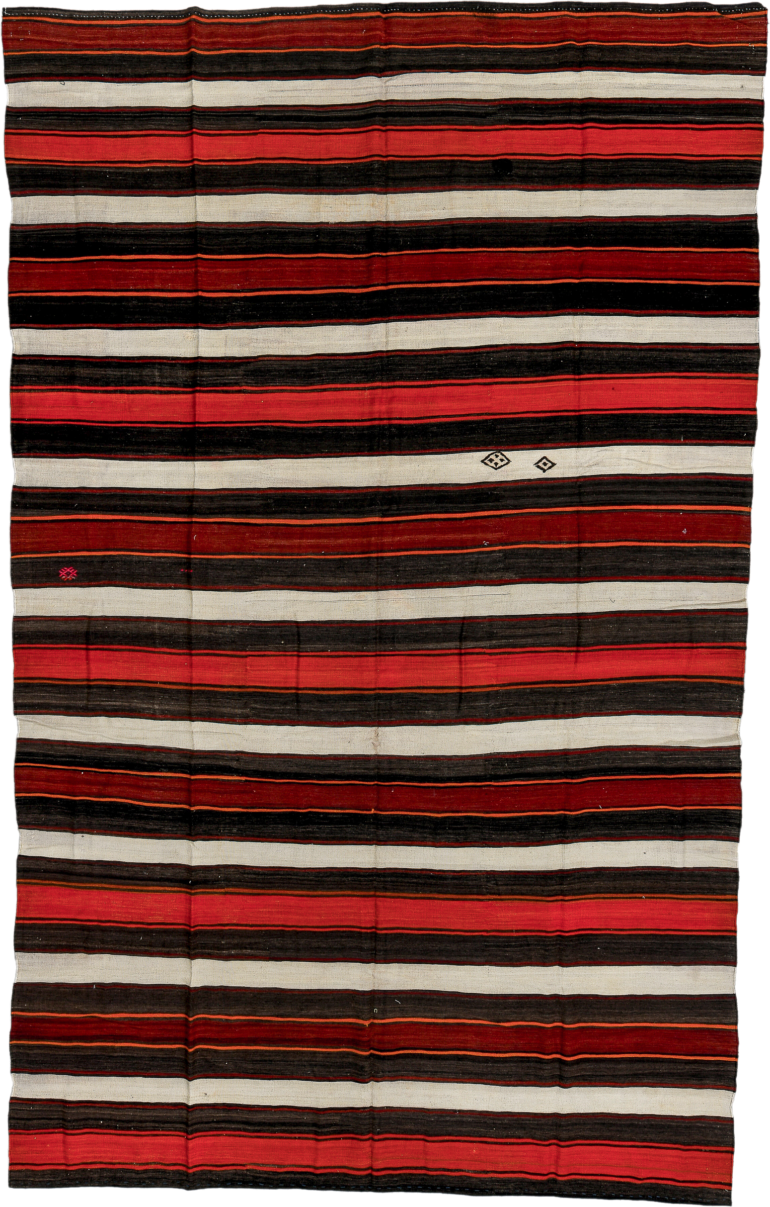 7' x 12' one-of-a-kind handmade vintage Kilim large size rug. Color palette: charcoal, ivory, rust, crimson, mahogany, gray