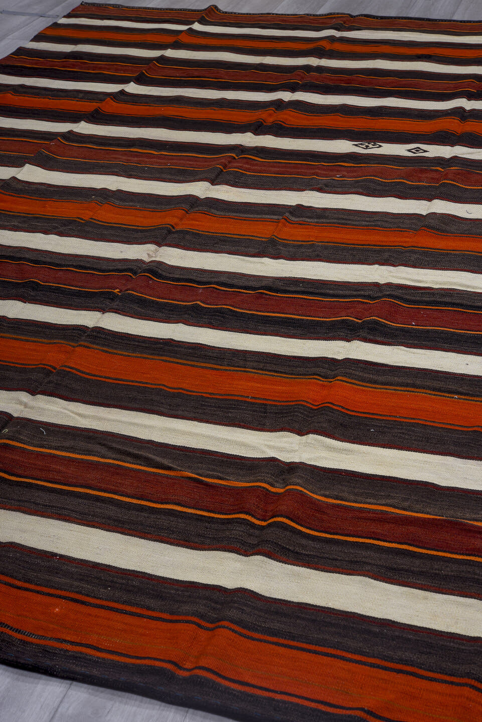 7' x 12' one-of-a-kind handmade vintage Kilim large size rug. Color palette: charcoal, ivory, rust, crimson, mahogany, gray