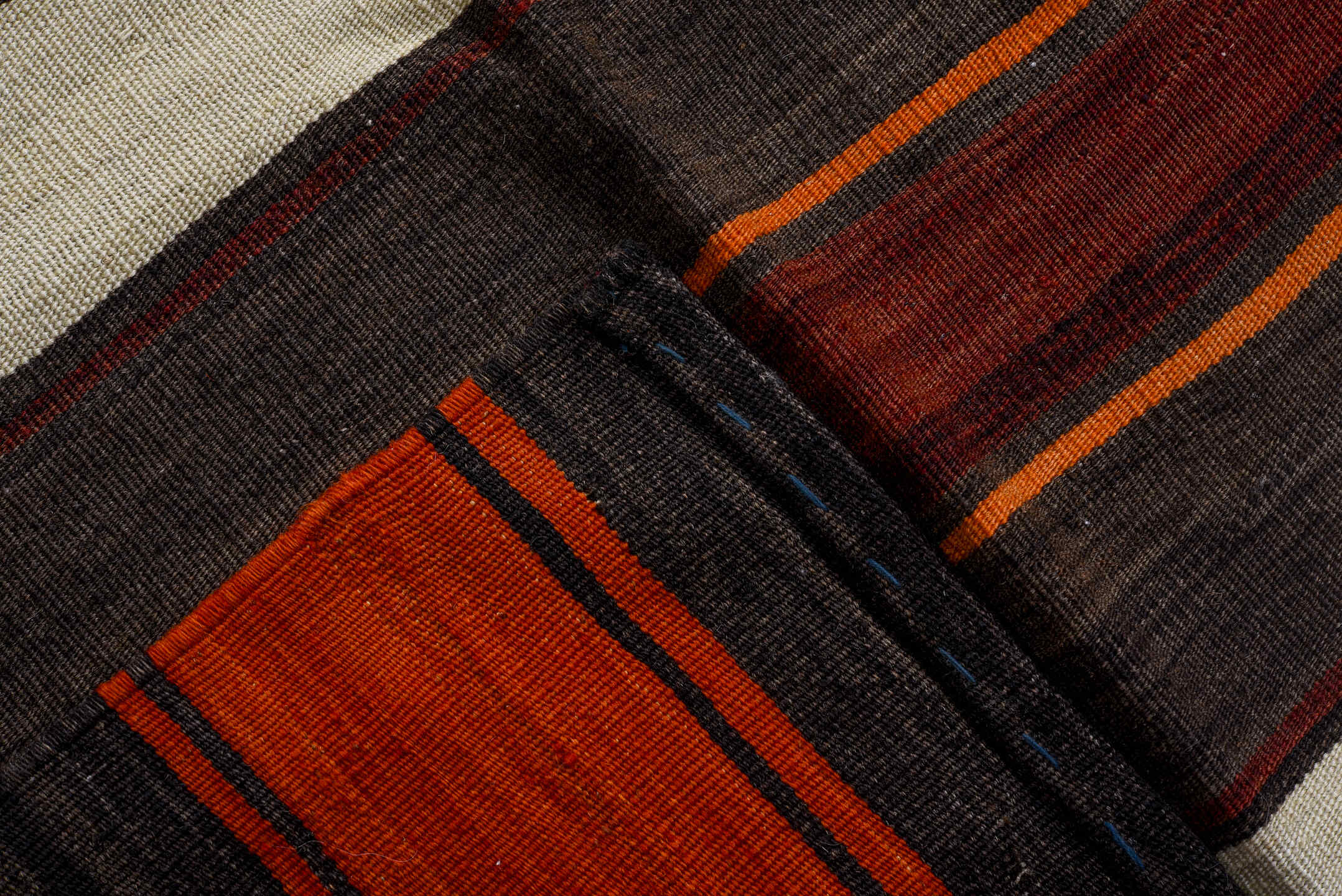 7' x 12' one-of-a-kind handmade vintage Kilim large size rug. Color palette: charcoal, ivory, rust, crimson, mahogany, gray