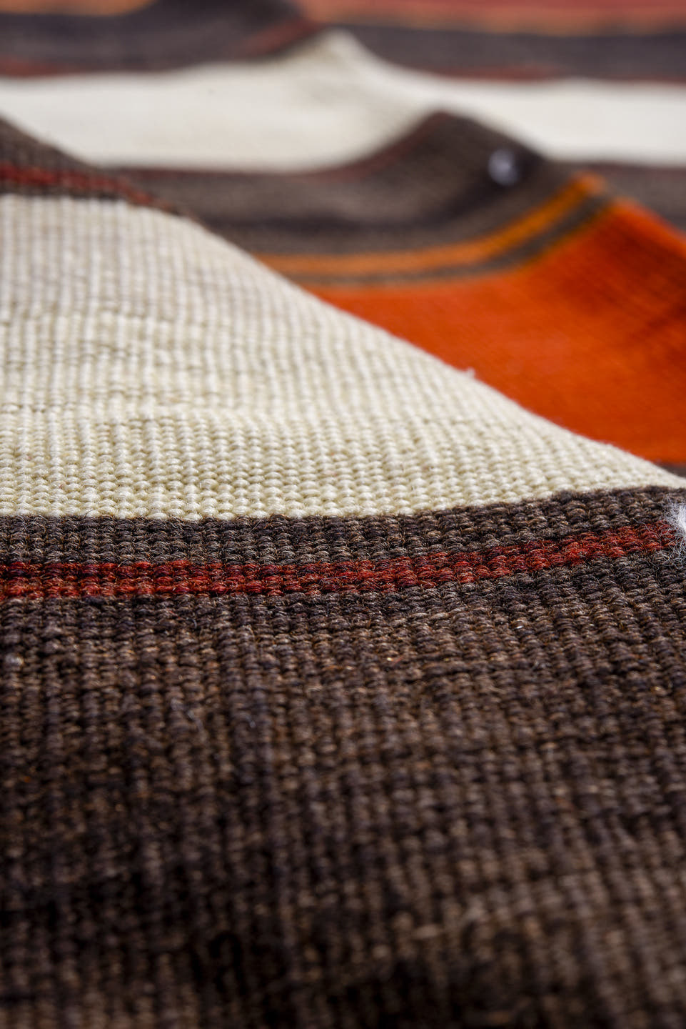 7' x 12' one-of-a-kind handmade vintage Kilim large size rug. Color palette: charcoal, ivory, rust, crimson, mahogany, gray