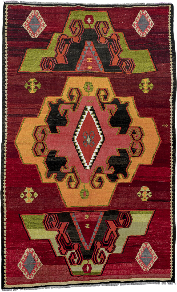 5' x 8' one-of-a-kind handmade vintage Kilim medium size rug. Color palette: burgundy, black, olive, coral, camel, ivory