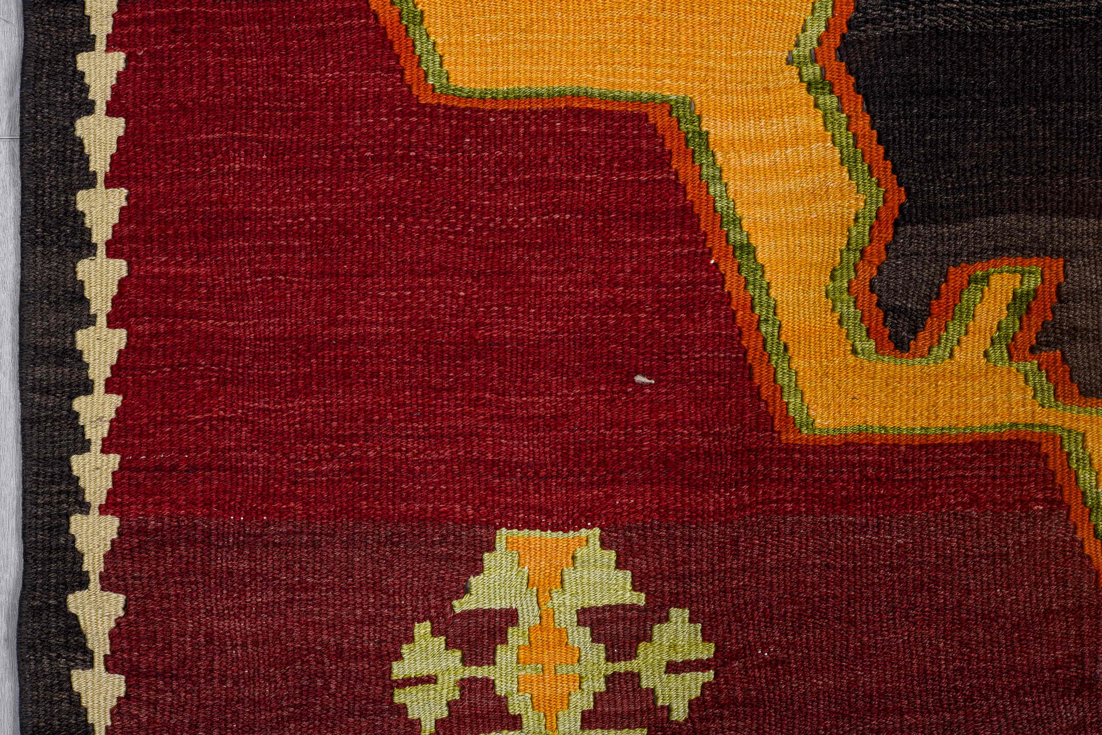 5' x 8' one-of-a-kind handmade vintage Kilim medium size rug. Color palette: burgundy, black, olive, coral, camel, ivory