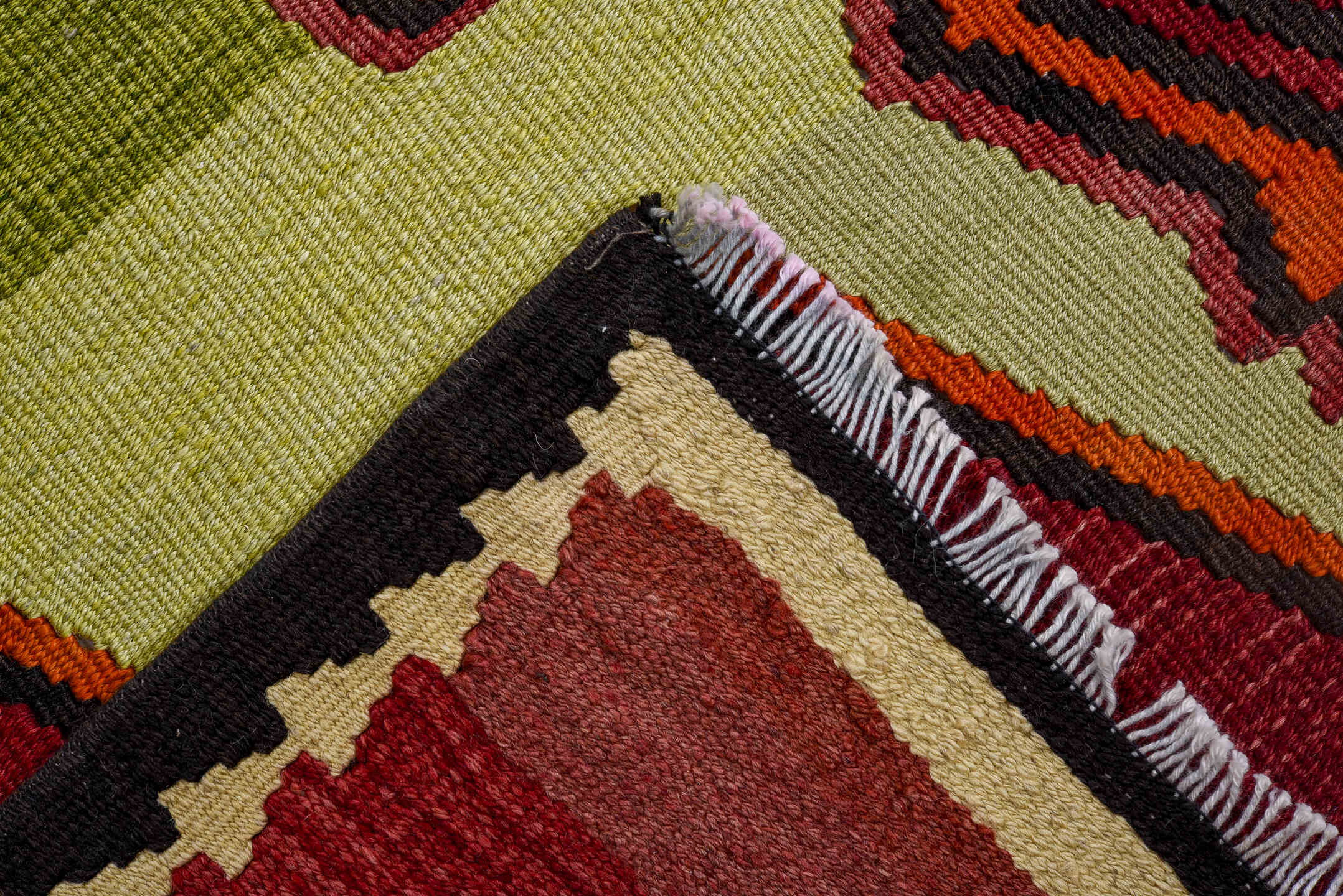 5' x 8' one-of-a-kind handmade vintage Kilim medium size rug. Color palette: burgundy, black, olive, coral, camel, ivory