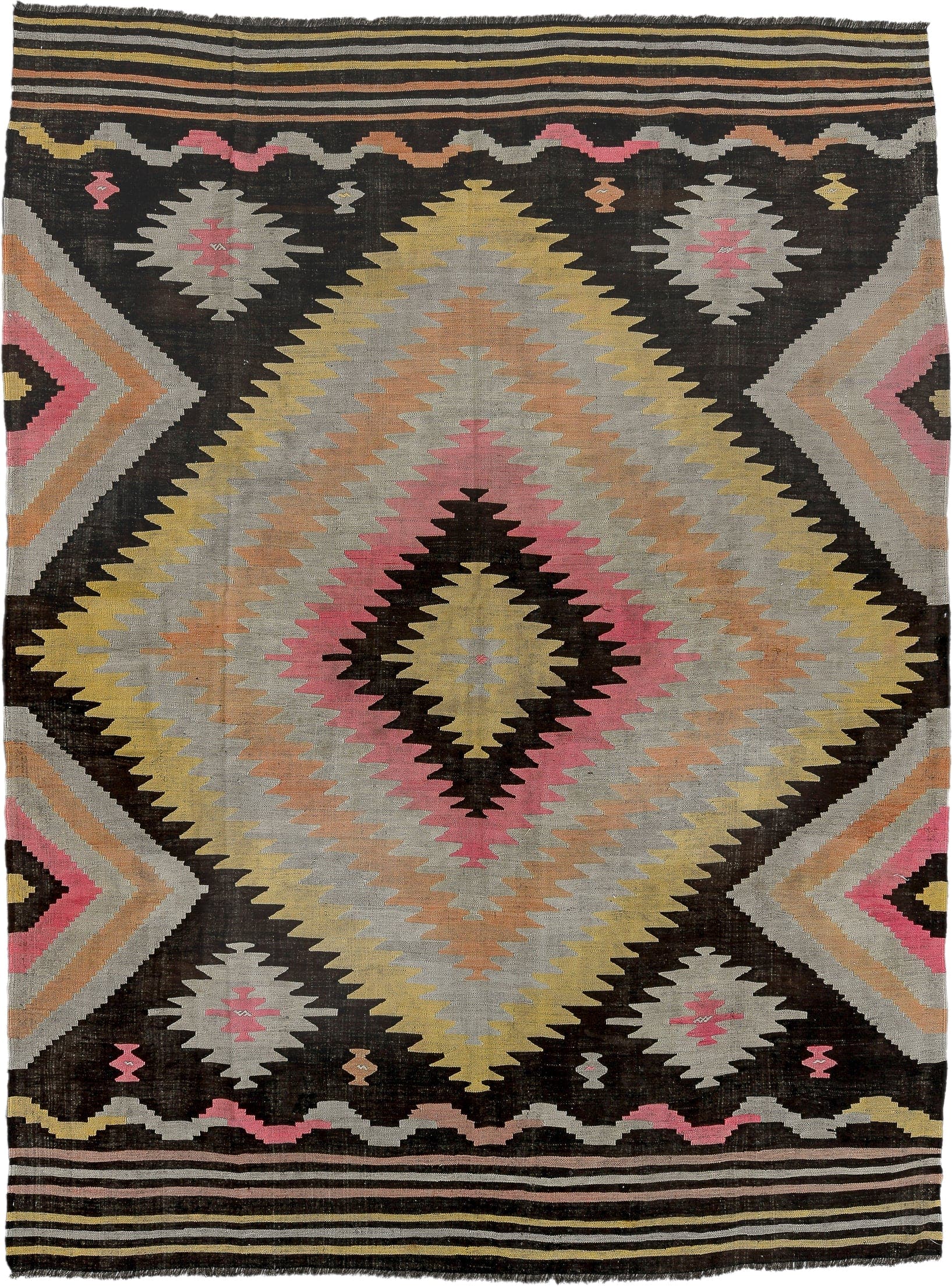 8' x 11' one-of-a-kind handmade antique Kilim large size rug. Color palette: charcoal, ivory, pink, pale_yellow, peach