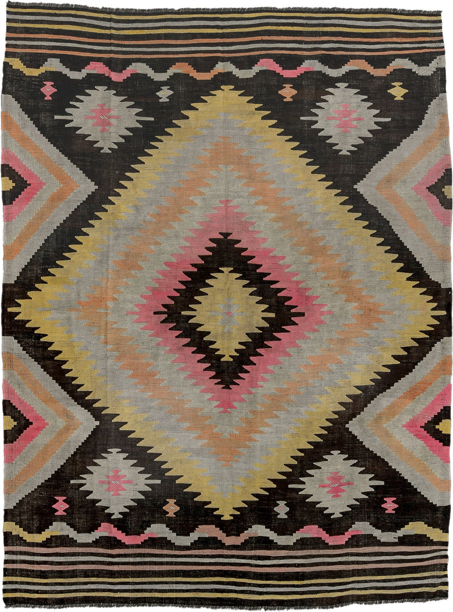 8' x 11' one-of-a-kind handmade antique Kilim large size rug. Color palette: charcoal, ivory, pink, pale_yellow, peach