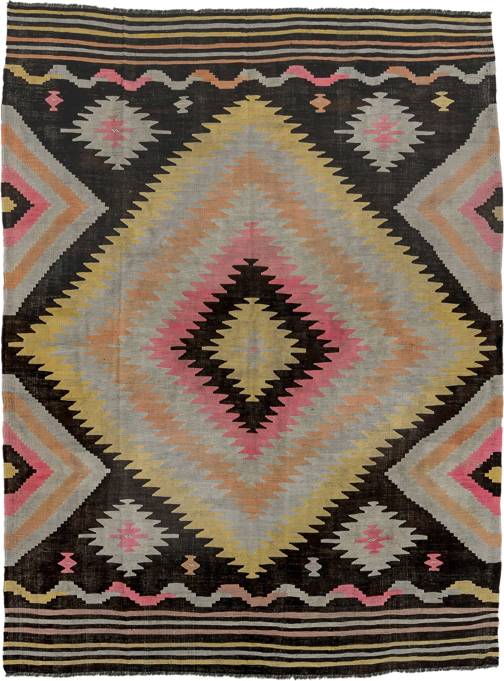 8' x 11' one-of-a-kind handmade antique Kilim large size rug. Color palette: charcoal, ivory, pink, pale_yellow, peach