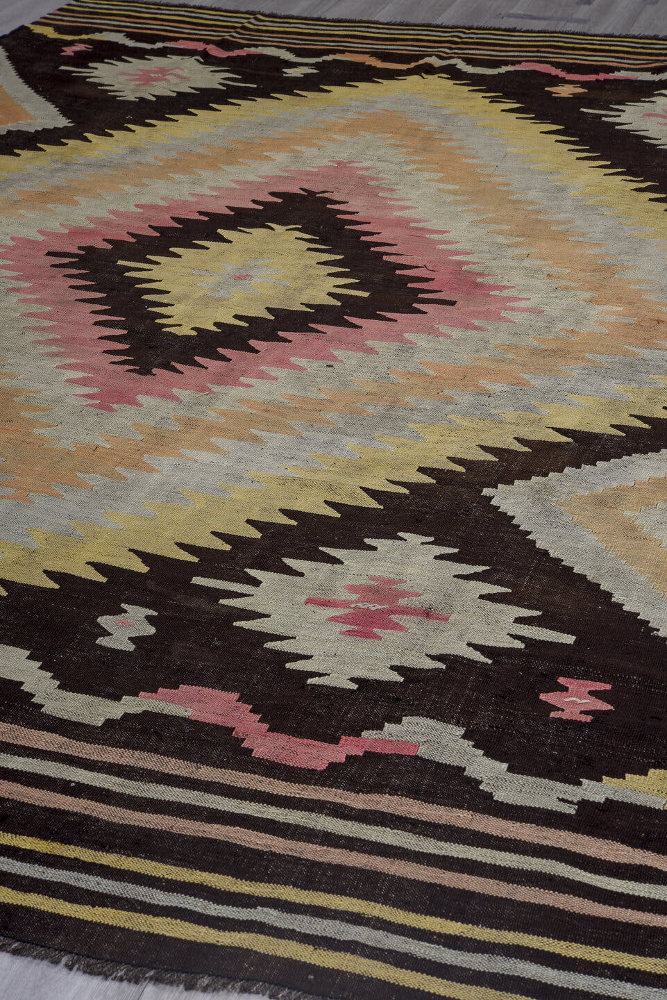 8' x 11' one-of-a-kind handmade antique Kilim large size rug. Color palette: charcoal, ivory, pink, pale_yellow, peach