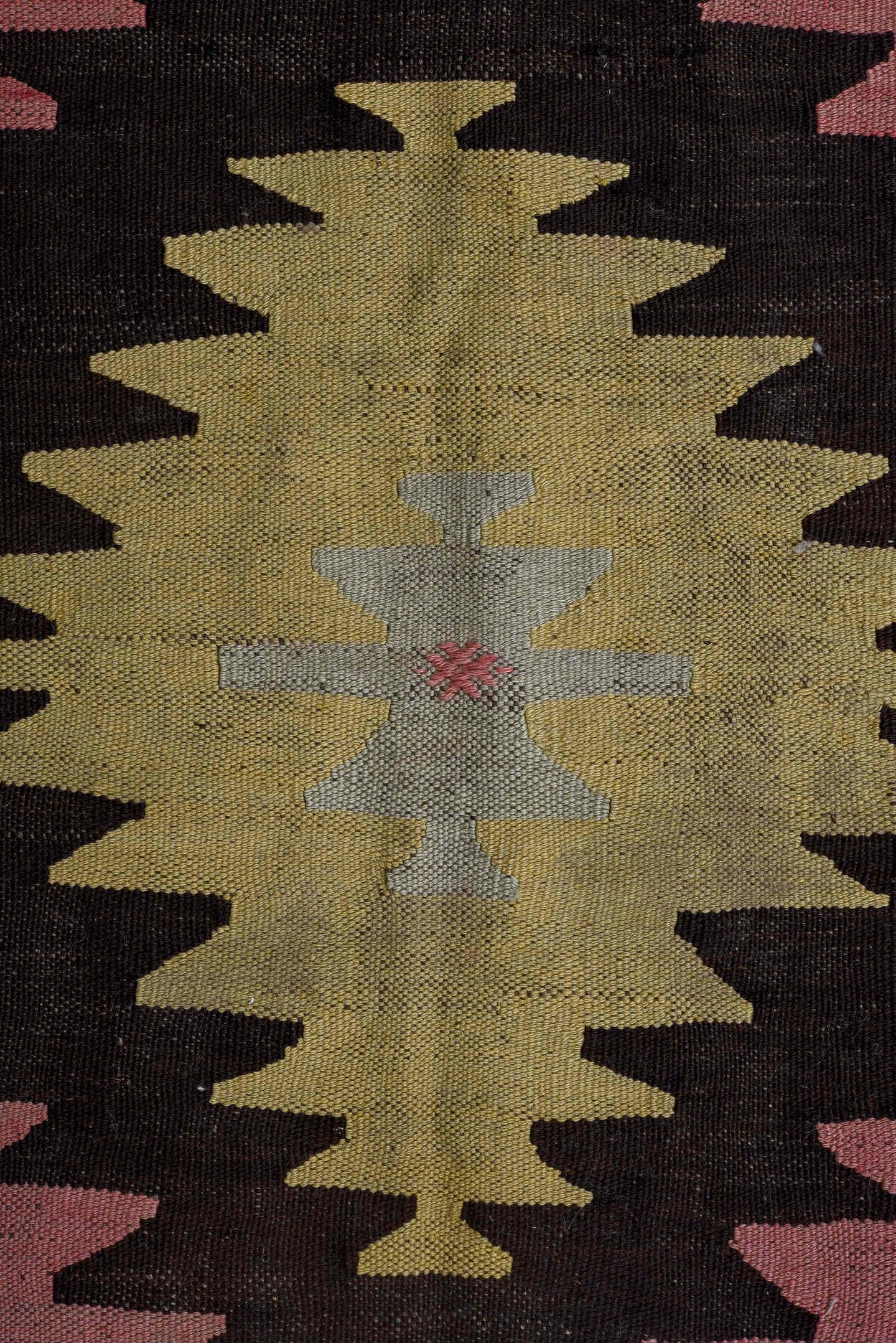 8' x 11' one-of-a-kind handmade antique Kilim large size rug. Color palette: charcoal, ivory, pink, pale_yellow, peach