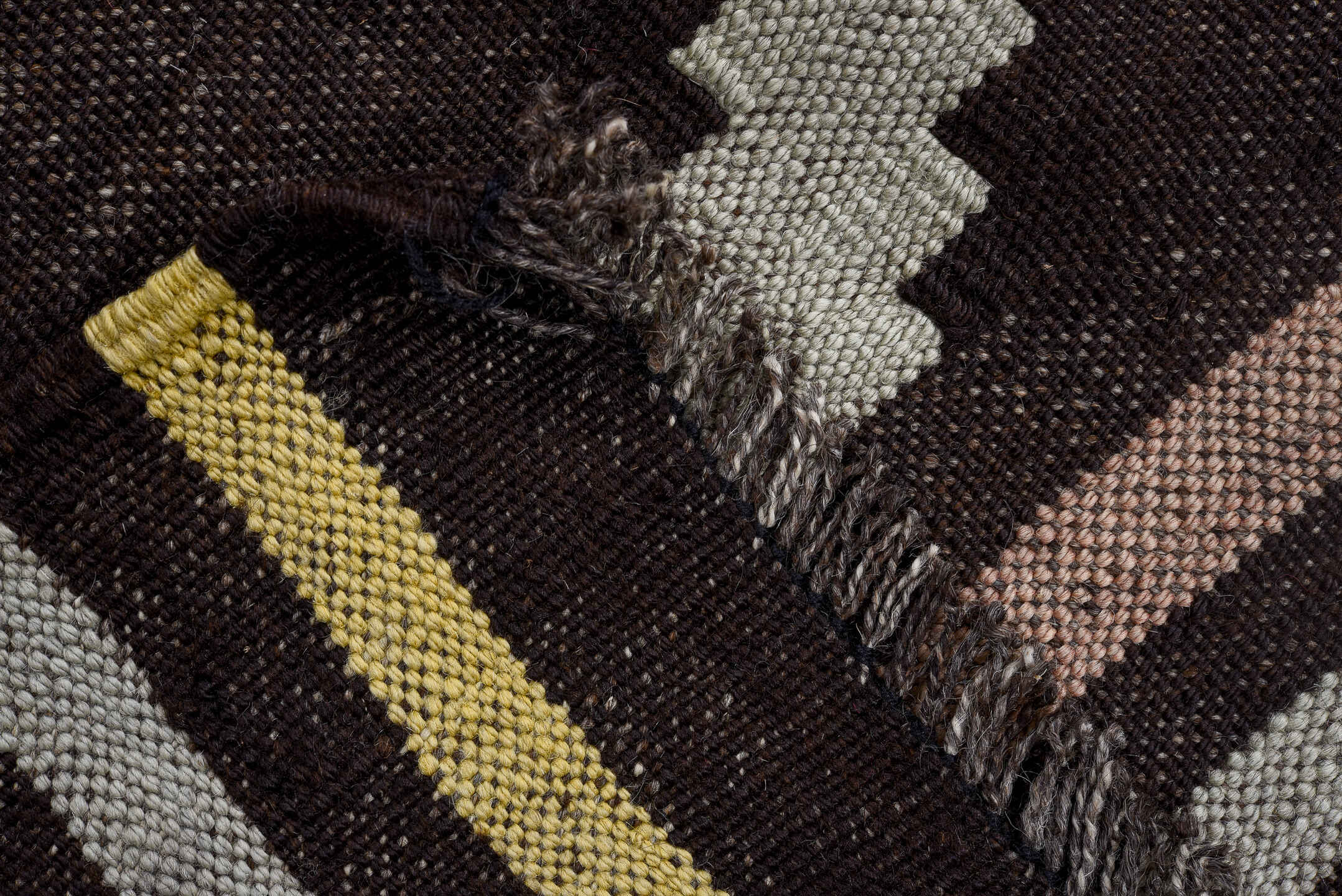 8' x 11' one-of-a-kind handmade vintage Kilim large size rug. Color palette: brown, dark gray, gainsboro, gray, light gray