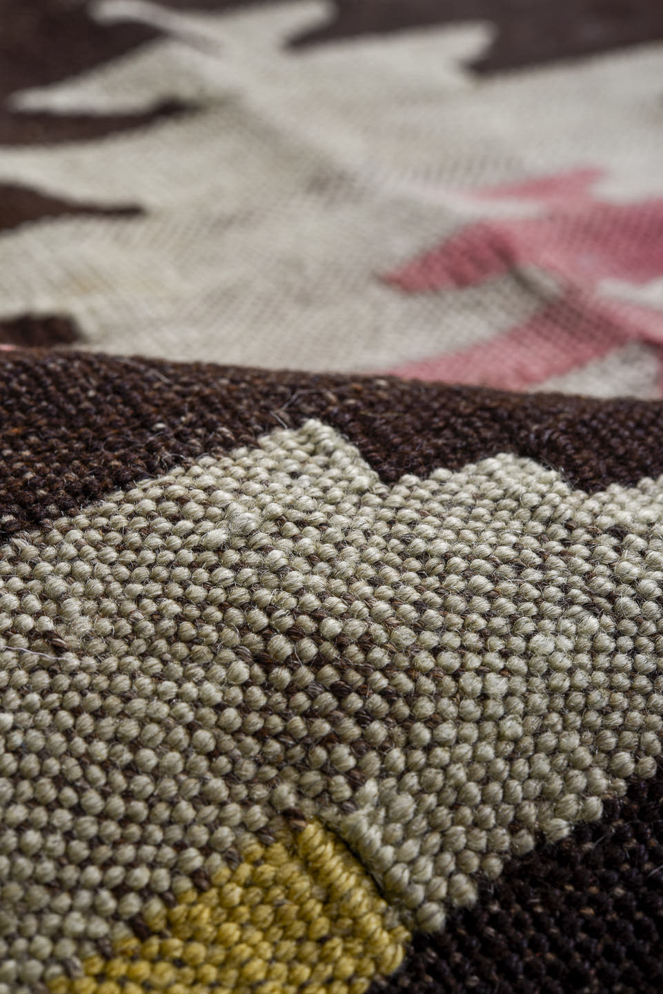 8' x 11' one-of-a-kind handmade antique Kilim large size rug. Color palette: charcoal, ivory, pink, pale_yellow, peach