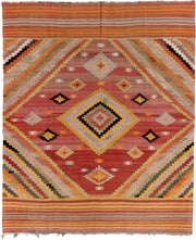 9' x 11' one-of-a-kind handmade vintage Kilim large size rug. Color palette: rose, saffron, ivory, terra cotta, blush