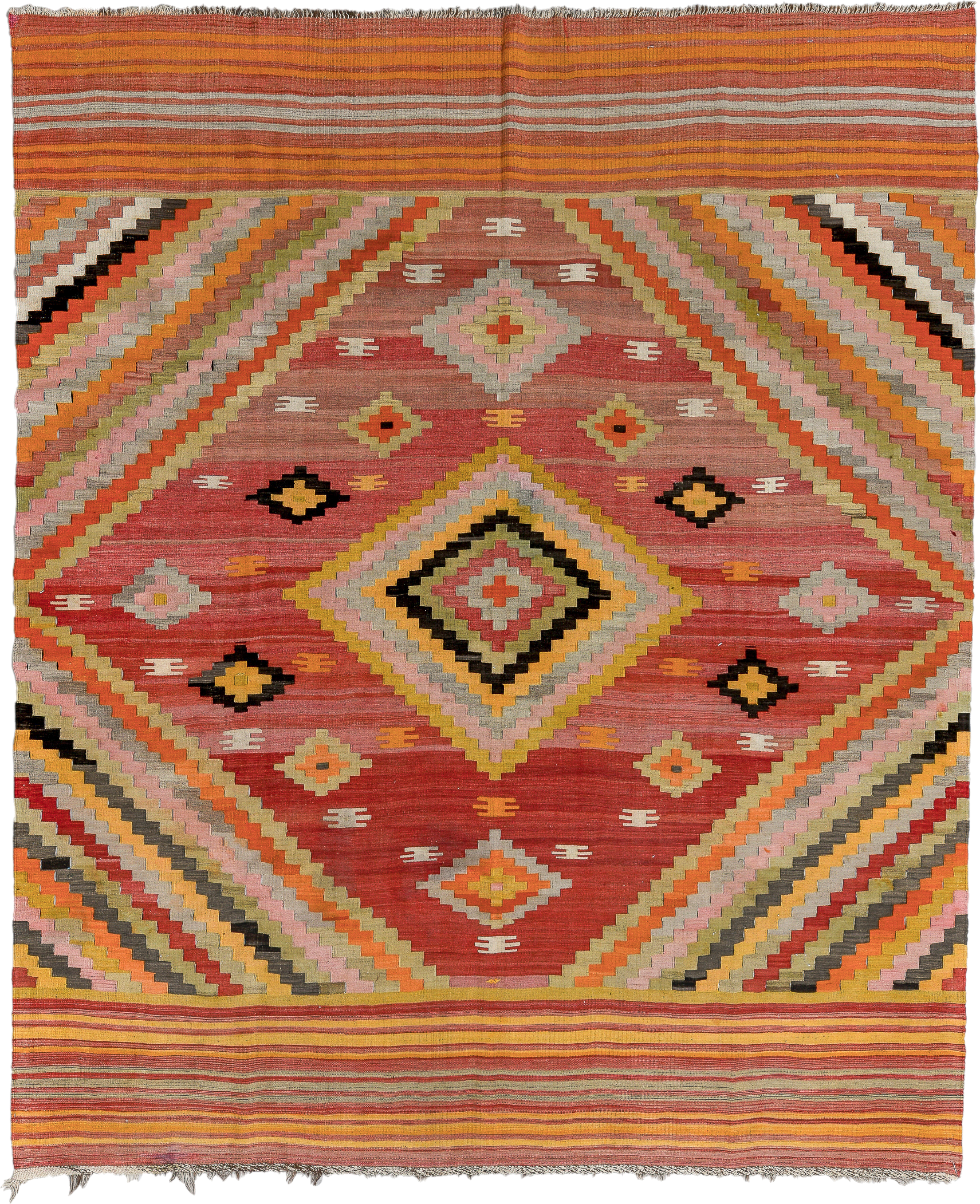9' x 11' one-of-a-kind handmade vintage Kilim large size rug. Color palette: rose, saffron, ivory, terra cotta, blush