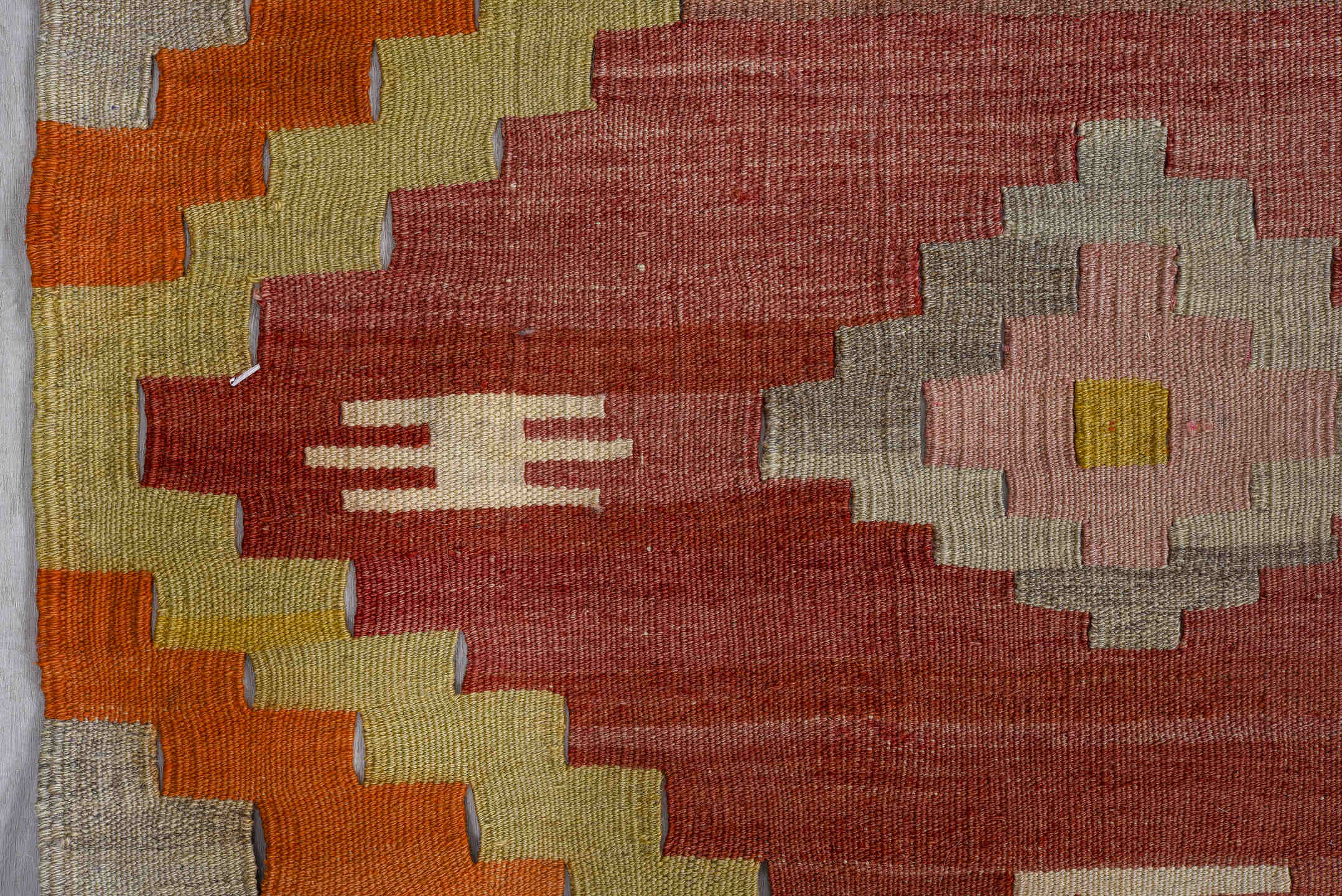 9' x 11' one-of-a-kind handmade vintage Kilim large size rug. Color palette: rose, saffron, ivory, terra cotta, blush