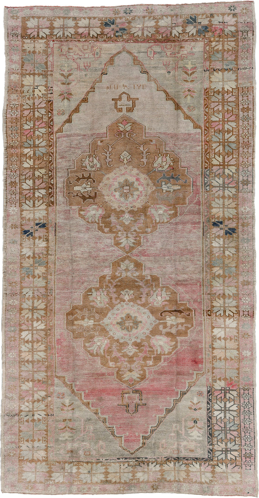 5' x 9' one-of-a-kind handmade antique Oushak medium size rug. Color palette: blush, ivory, taupe, camel, dusty rose, sage
