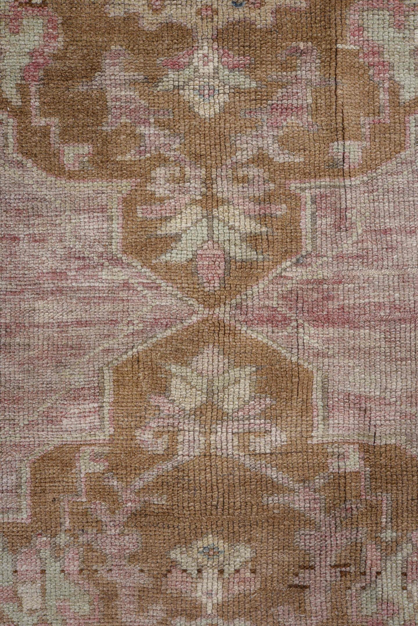 5' x 9' one-of-a-kind handmade antique Oushak medium size rug. Color palette: blush, ivory, taupe, camel, dusty rose, sage