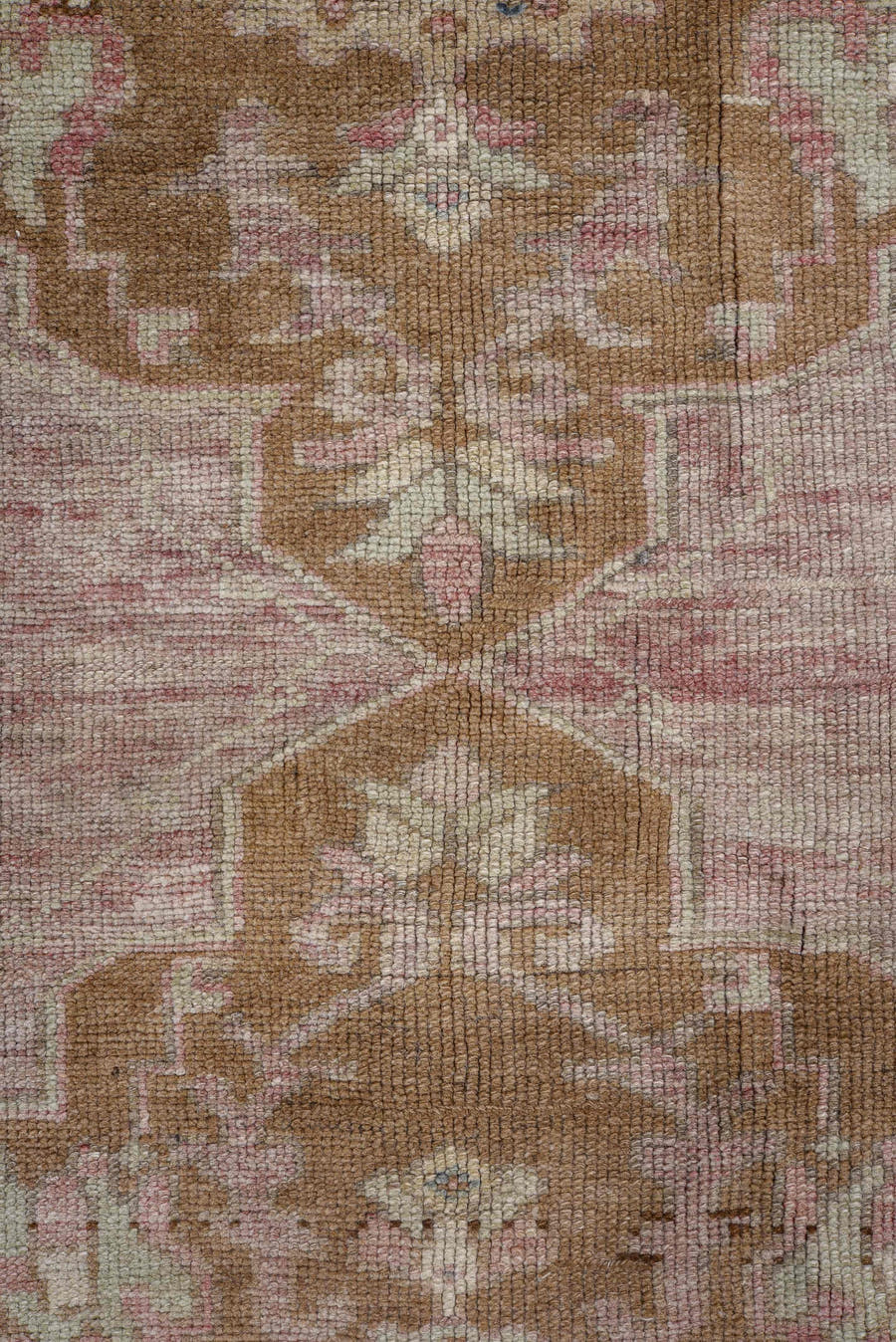 5' x 9' one-of-a-kind handmade antique Oushak medium size rug. Color palette: blush, ivory, taupe, camel, dusty rose, sage