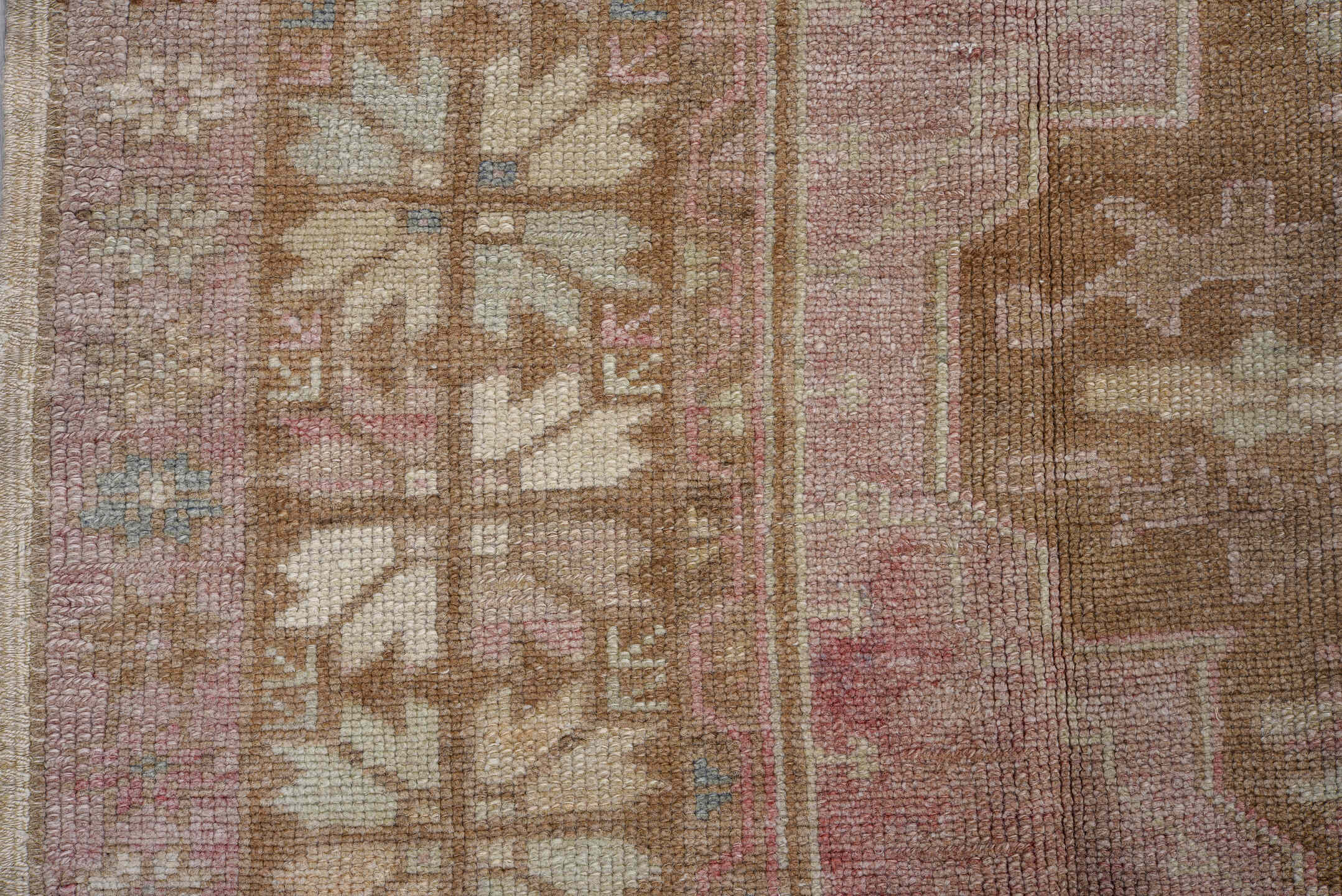 5' x 9' one-of-a-kind handmade antique Oushak medium size rug. Color palette: blush, ivory, taupe, camel, dusty rose, sage