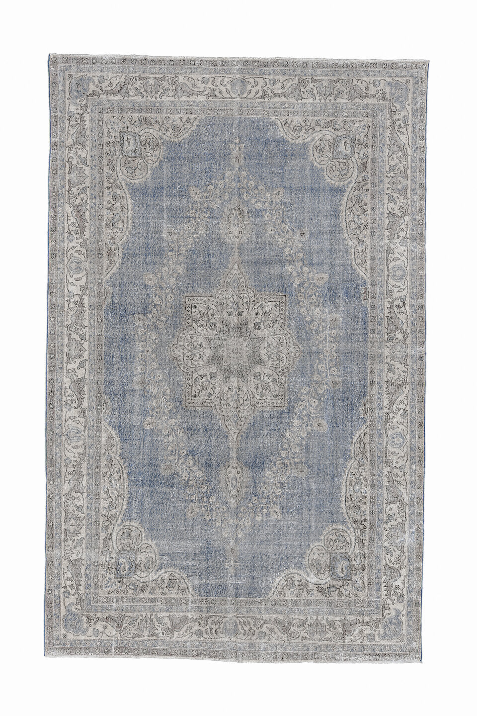 7' x 12' one-of-a-kind handmade antique Sparta large size rug. Color palette: light blue, ivory, gray, taupe, slate, beige