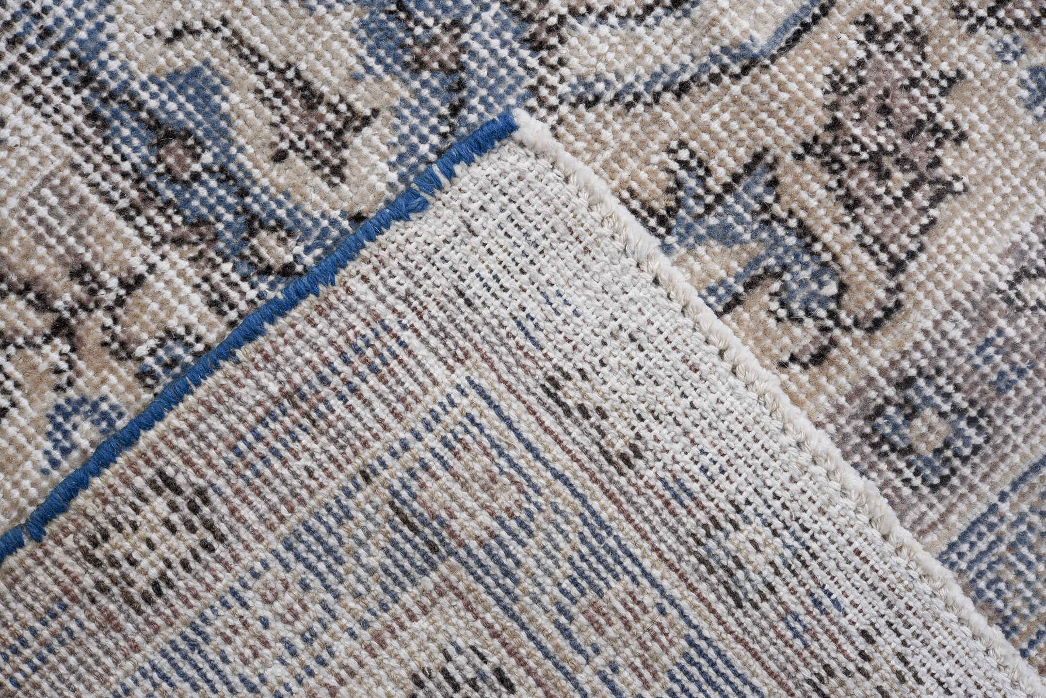 7' x 12' one-of-a-kind handmade vintage Sparta large size rug. Color palette: black, blue, charcoal, dark gray, dim gray