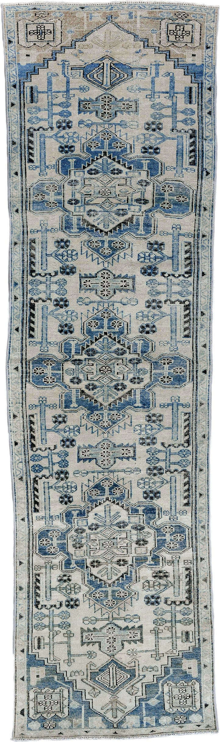 2' x 9' one-of-a-kind handmade antique Karaje runner rug. Color palette: ivory, indigo, charcoal, slate, taupe, purple, gray