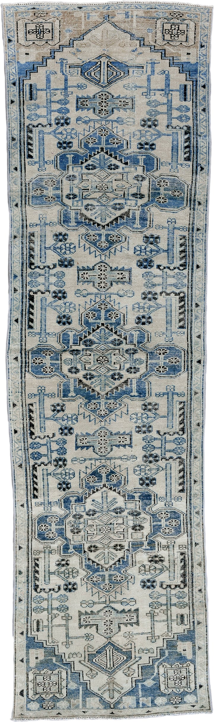 2' x 9' one-of-a-kind handmade antique Karaje runner rug. Color palette: ivory, indigo, charcoal, slate, taupe, purple, gray
