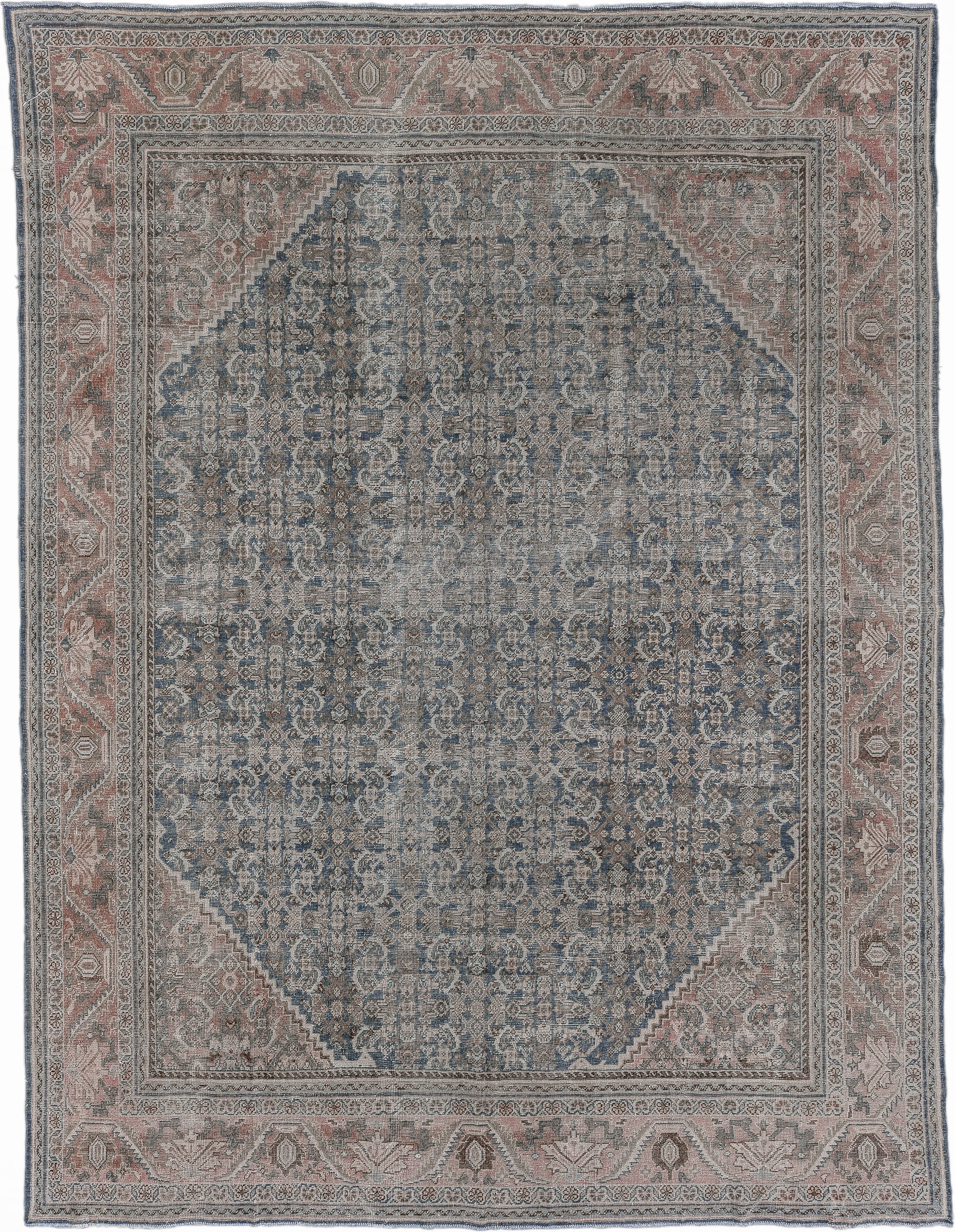 10' x 13' one-of-a-kind handmade antique Mahal large size rug. Color palette: blue, ivory, rose, taupe, slate, dusty pink