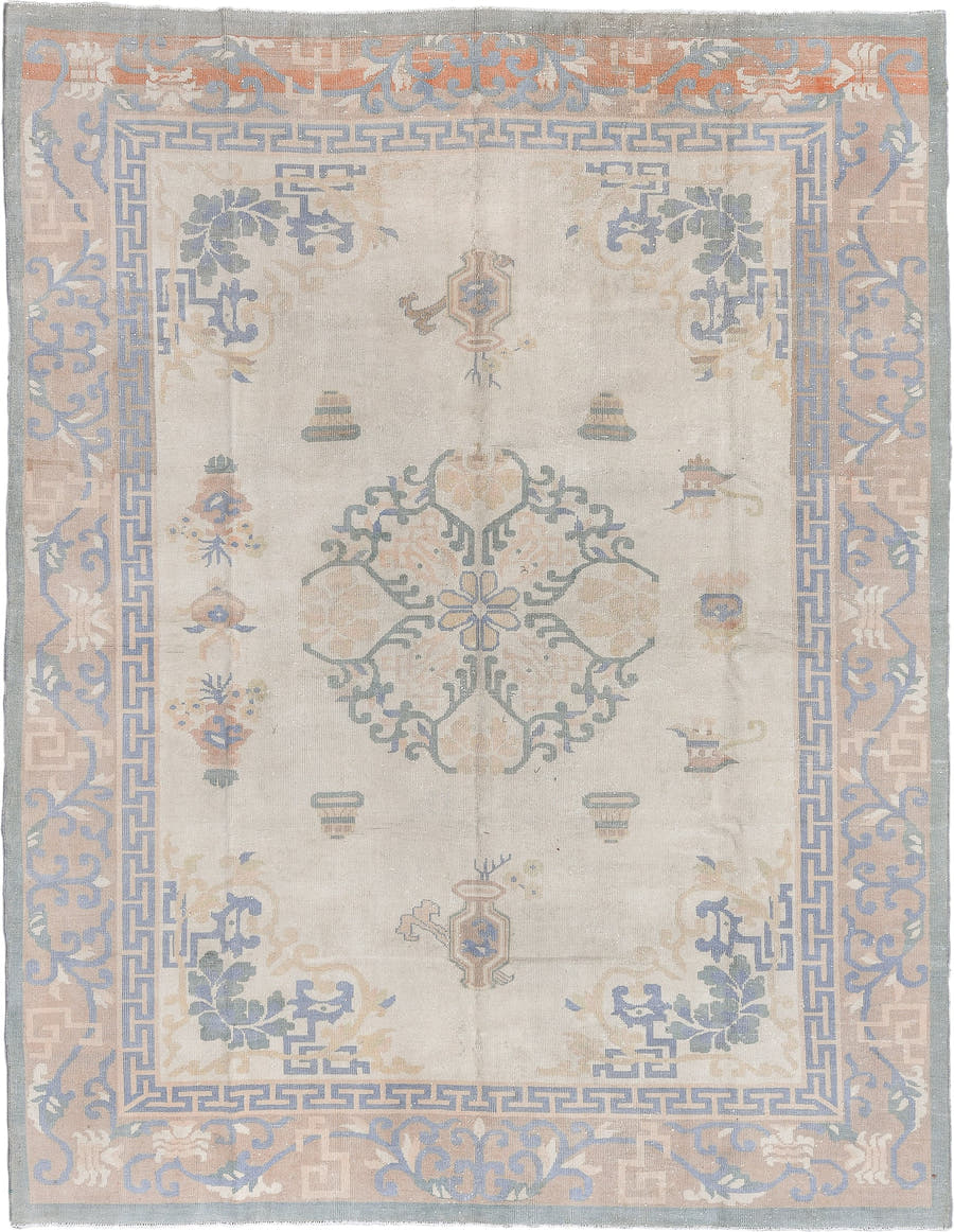 8' x 11' one-of-a-kind handmade antique Chinese large size rug. Color palette: ivory, pale blue, beige, taupe, cream, camel