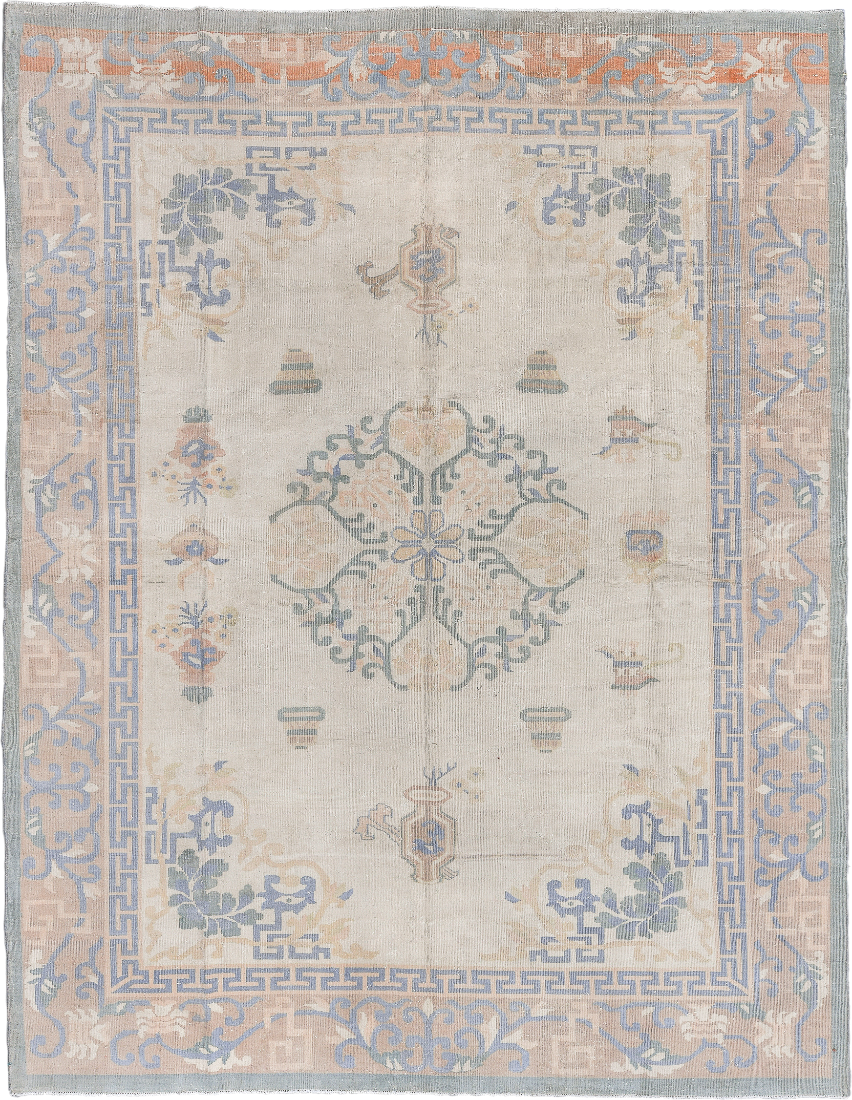 8' x 11' one-of-a-kind handmade antique Chinese large size rug. Color palette: ivory, pale blue, beige, taupe, cream, camel