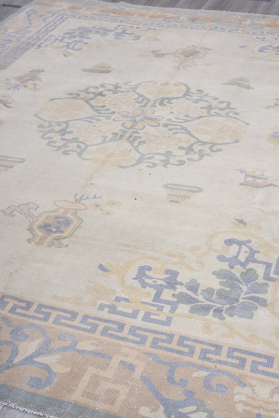 8' x 11' one-of-a-kind handmade antique Chinese large size rug. Color palette: ivory, pale blue, beige, taupe, cream, camel