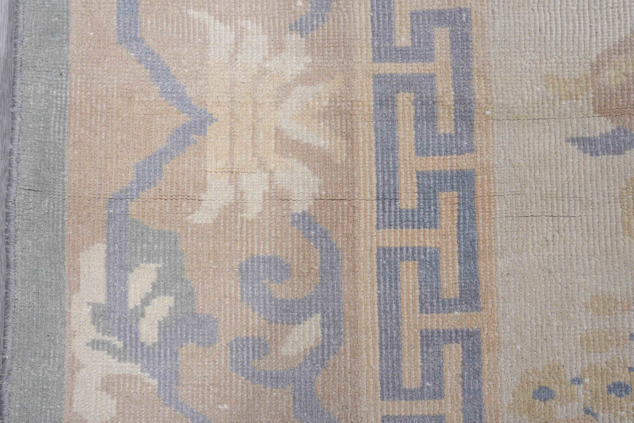 8' x 11' one-of-a-kind handmade antique Chinese large size rug. Color palette: ivory, pale blue, beige, taupe, cream, camel