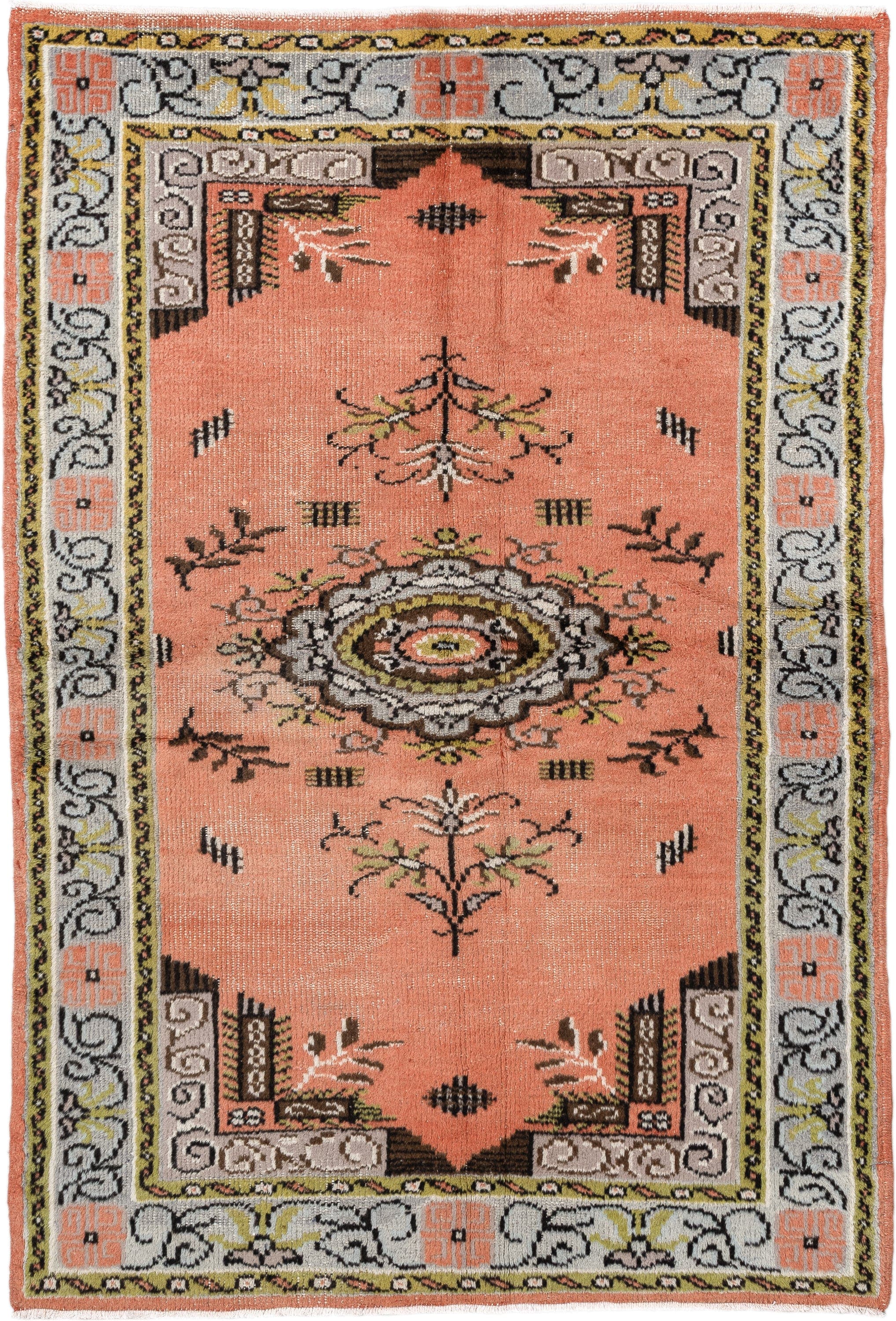 2' x 3' one-of-a-kind handmade vintage Oushak small size rug. Color palette: salmon, ivory, charcoal, olive, taupe, brown