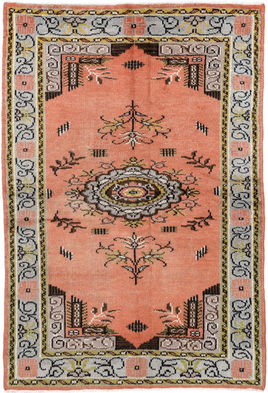 2' x 3' one-of-a-kind handmade vintage Oushak small size rug. Color palette: salmon, ivory, charcoal, olive, taupe, brown