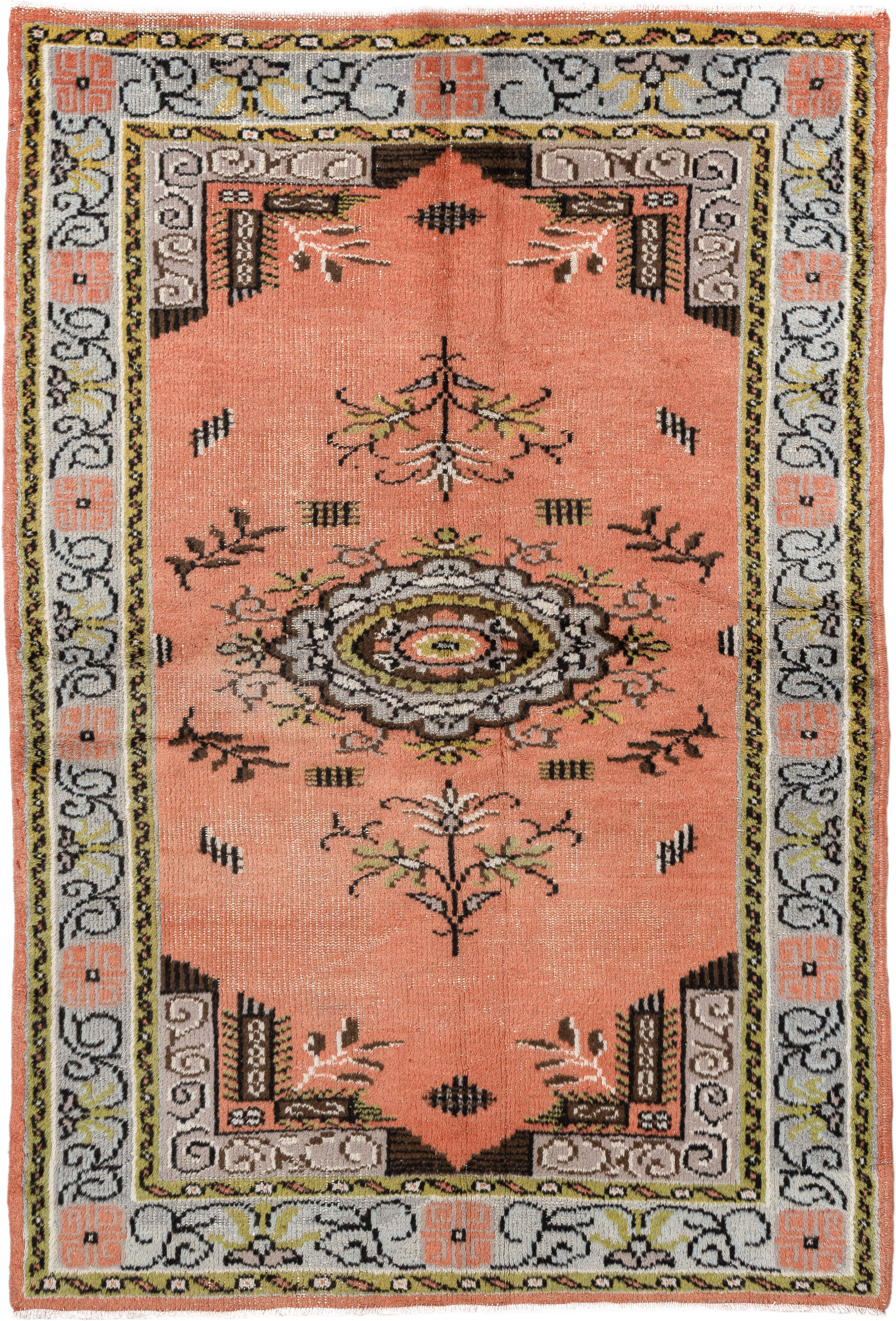 2' x 3' one-of-a-kind handmade vintage Oushak small size rug. Color palette: salmon, ivory, charcoal, olive, taupe, brown