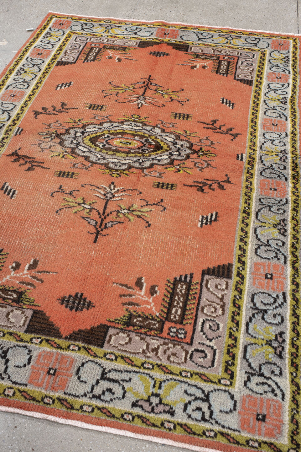 2' x 3' one-of-a-kind handmade vintage Oushak small size rug. Color palette: salmon, ivory, charcoal, olive, taupe, brown