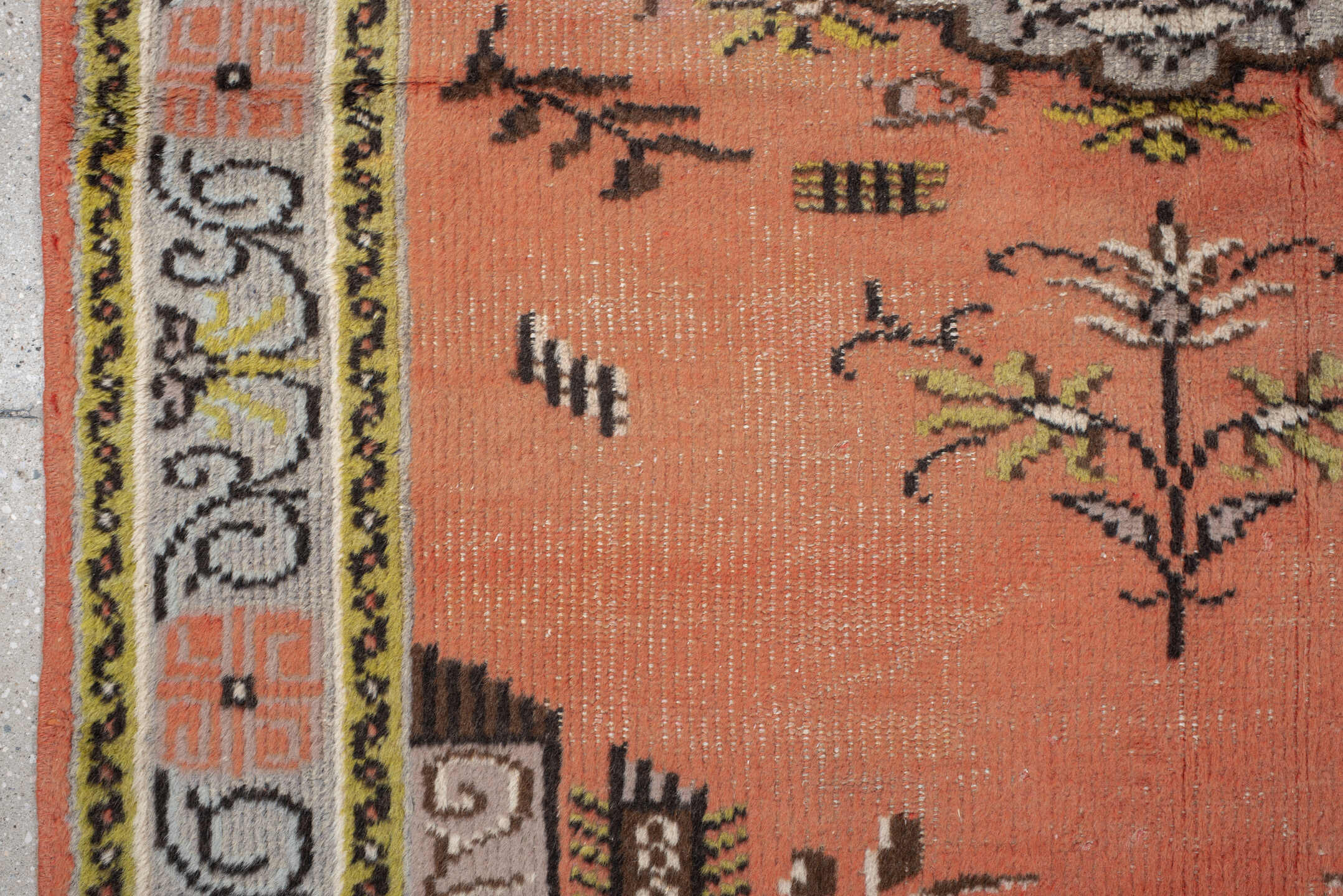 2' x 3' one-of-a-kind handmade vintage Oushak small size rug. Color palette: salmon, ivory, charcoal, olive, taupe, brown